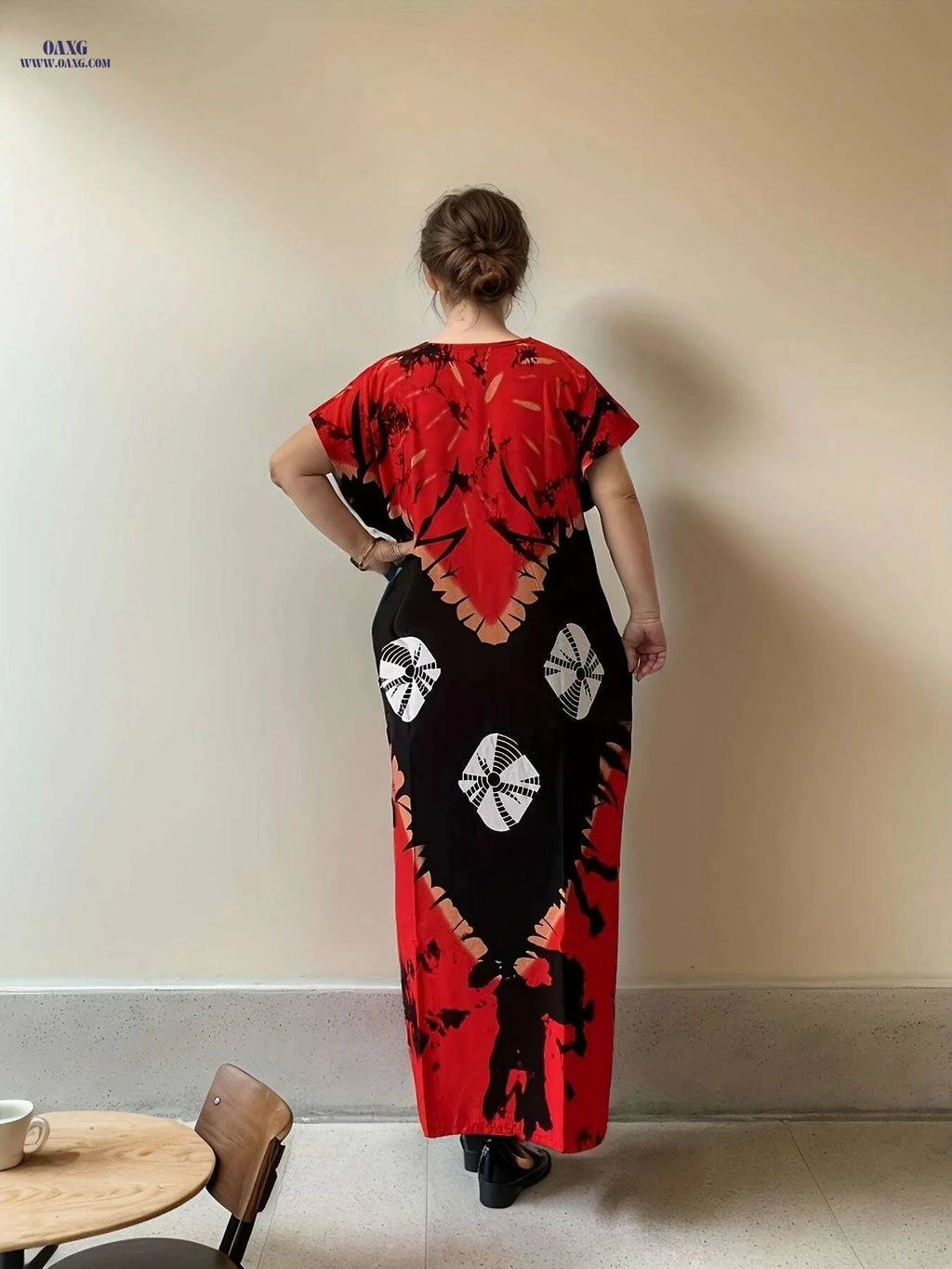 Vibrant Red & Black Print Kaftan Dress - Long Sleeve Rayon Maxi   OAXG ginger-colored / One-size
