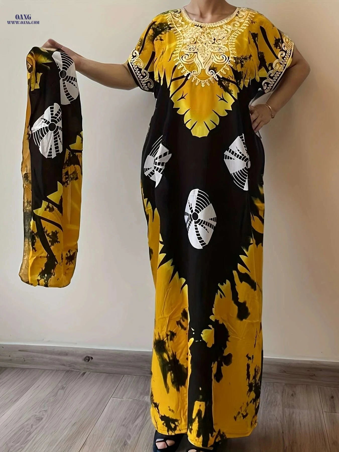 Vibrant Red & Black Print Kaftan Dress - Long Sleeve Rayon Maxi   OAXG ginger-colored / One-size