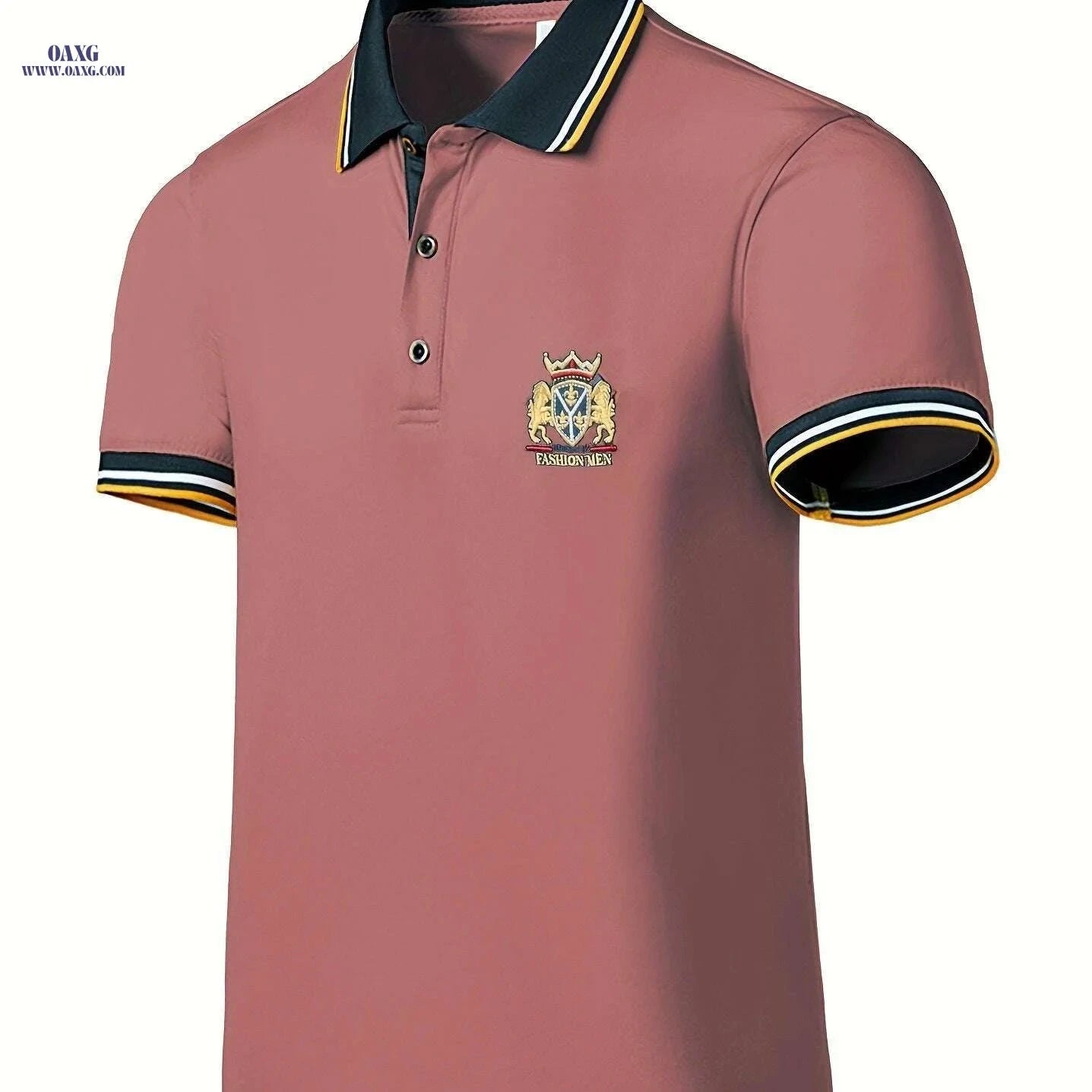 Vibrant Red Casual Shirt for Men - Short Sleeve, Embroidered Crest   OAXG Yellow / XS