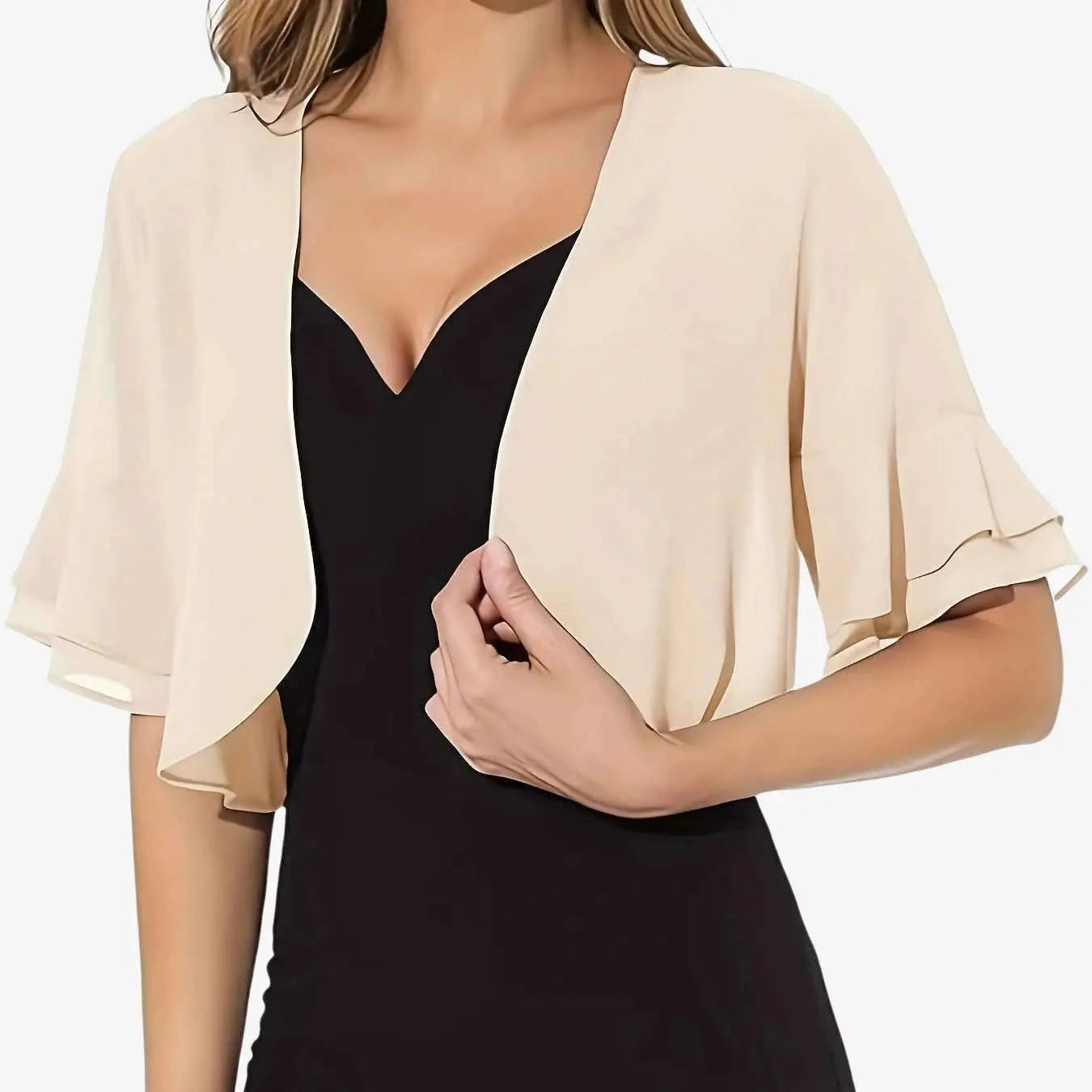 Vibrant Semi-Sheer Crop Blouse - Elegant Layered Flare Sleeve for Summer   OAXG 