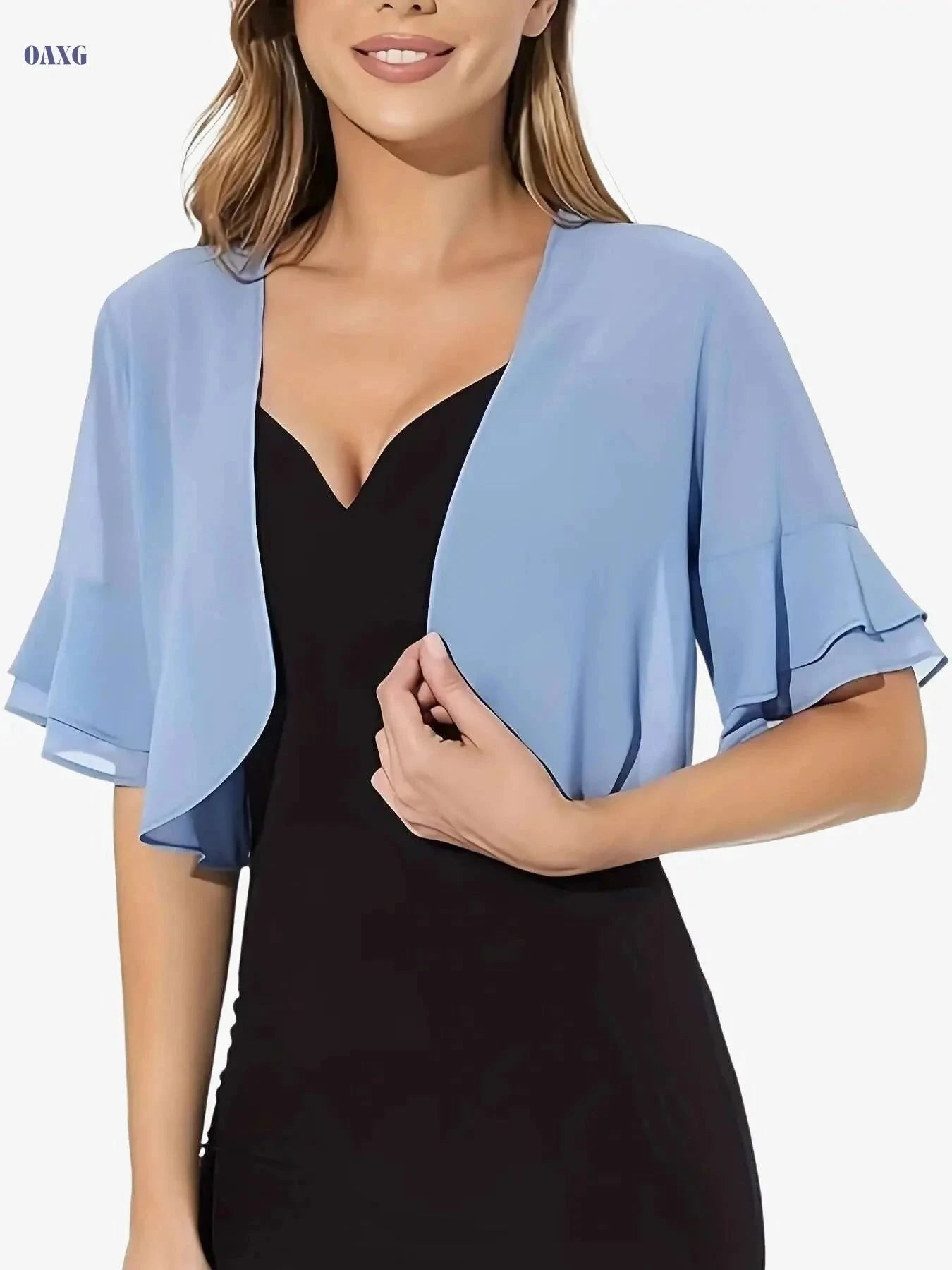 Vibrant Semi-Sheer Crop Blouse - Elegant Layered Flare Sleeve for Summer   OAXG 