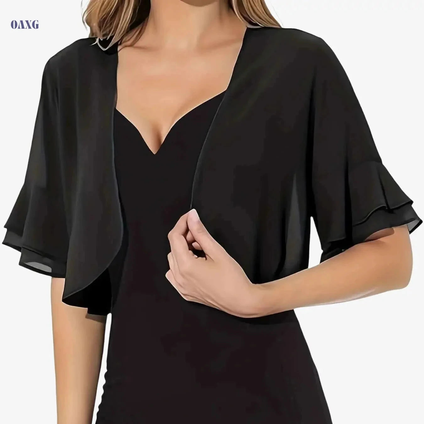 Vibrant Semi-Sheer Crop Blouse - Elegant Layered Flare Sleeve for Summer   OAXG 