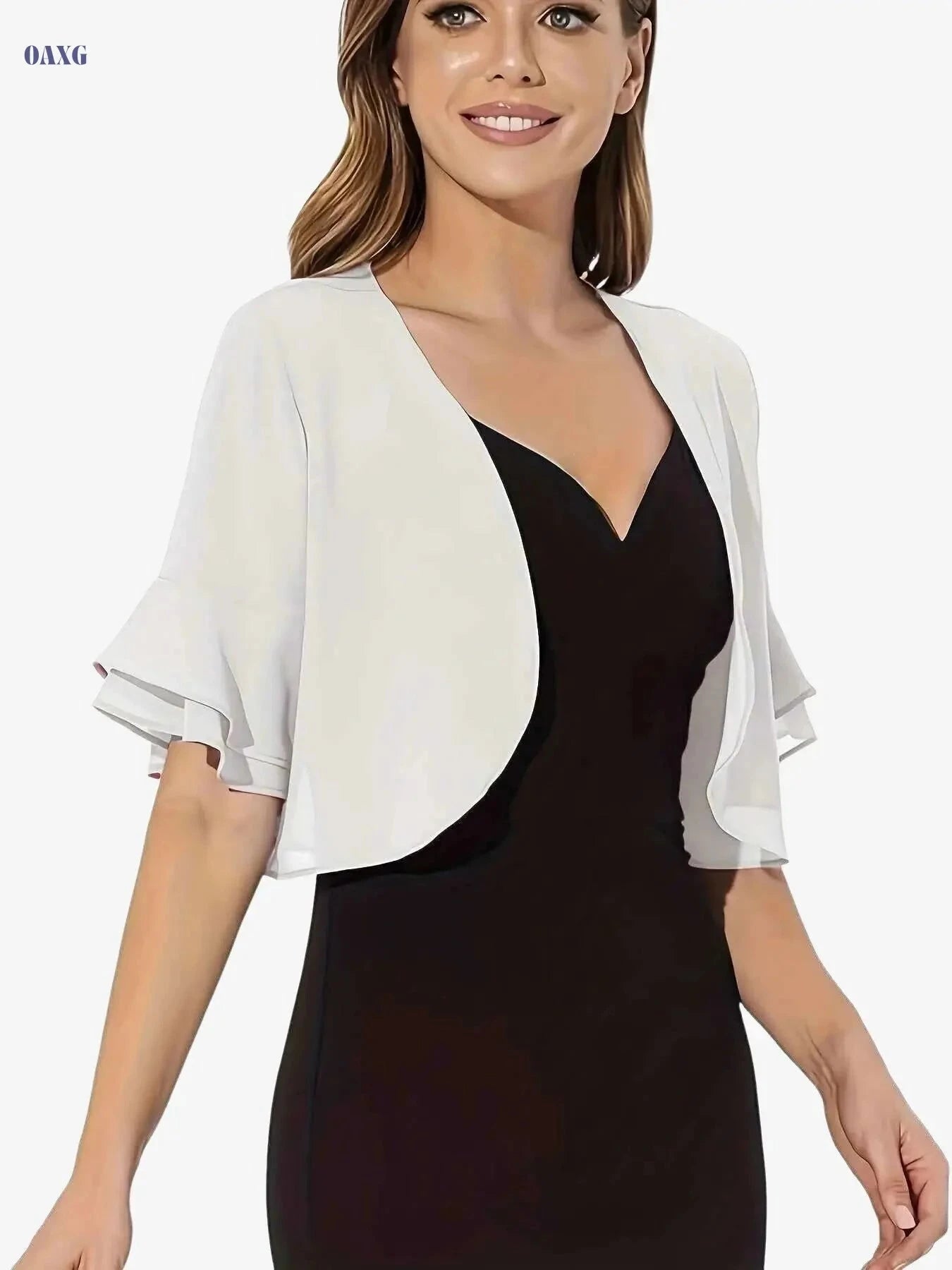 Vibrant Semi-Sheer Crop Blouse - Elegant Layered Flare Sleeve for Summer   OAXG 