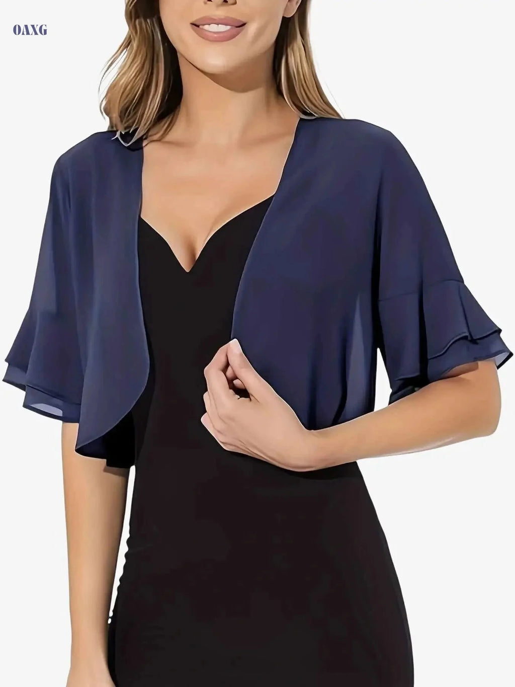 Vibrant Semi-Sheer Crop Blouse - Elegant Layered Flare Sleeve for Summer   OAXG 