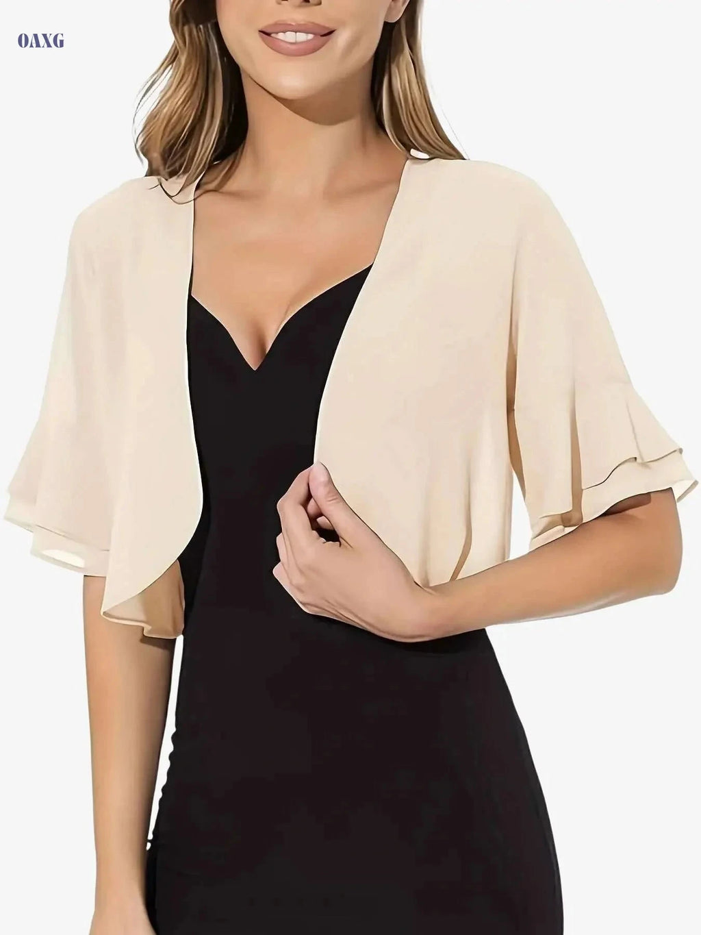 Vibrant Semi-Sheer Crop Blouse - Elegant Layered Flare Sleeve for Summer   OAXG 