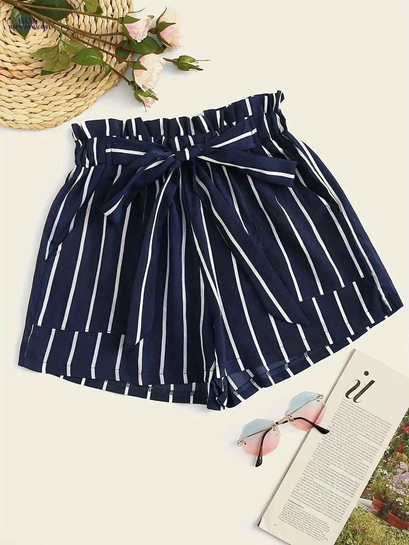 Vibrant Striped Paperbag Waist Shorts - Loose Fit, Machine Washable   OAXG 