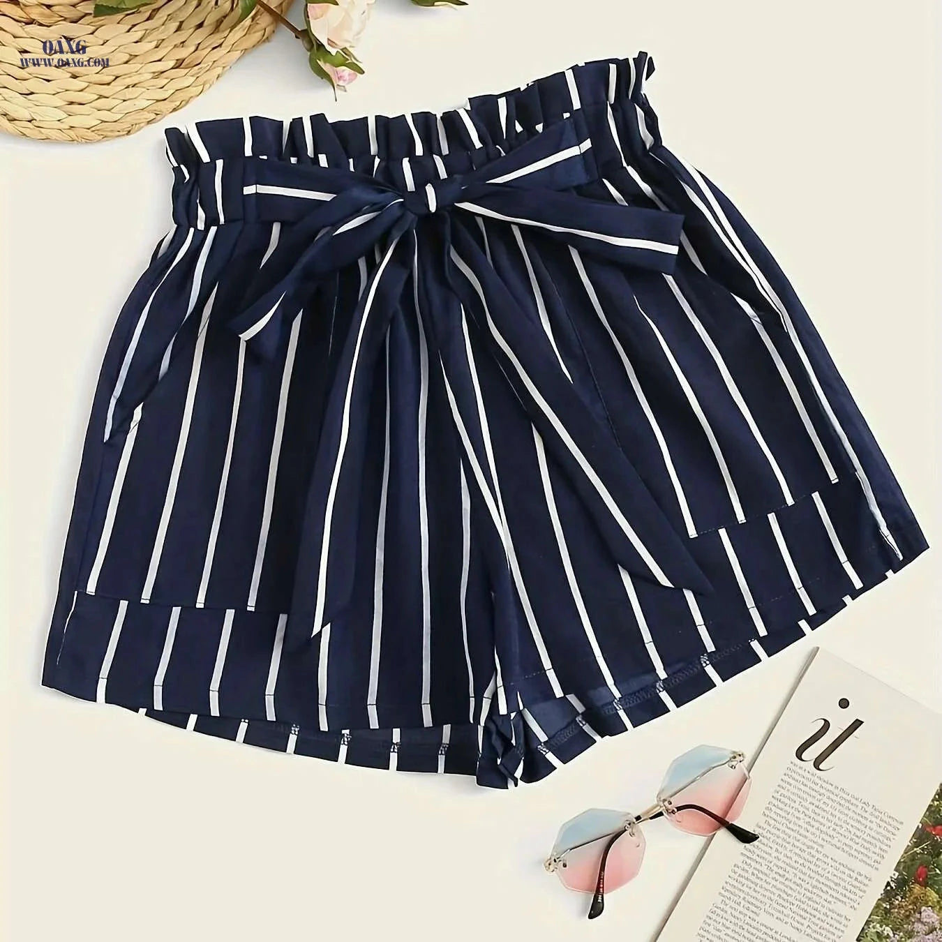 Vibrant Striped Paperbag Waist Shorts - Loose Fit, Machine Washable   OAXG 