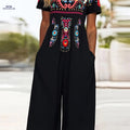 Vibrant Tribal Print Jumpsuit - Women's Casual V-Neck, Short Sleeve   OAXG Black / S