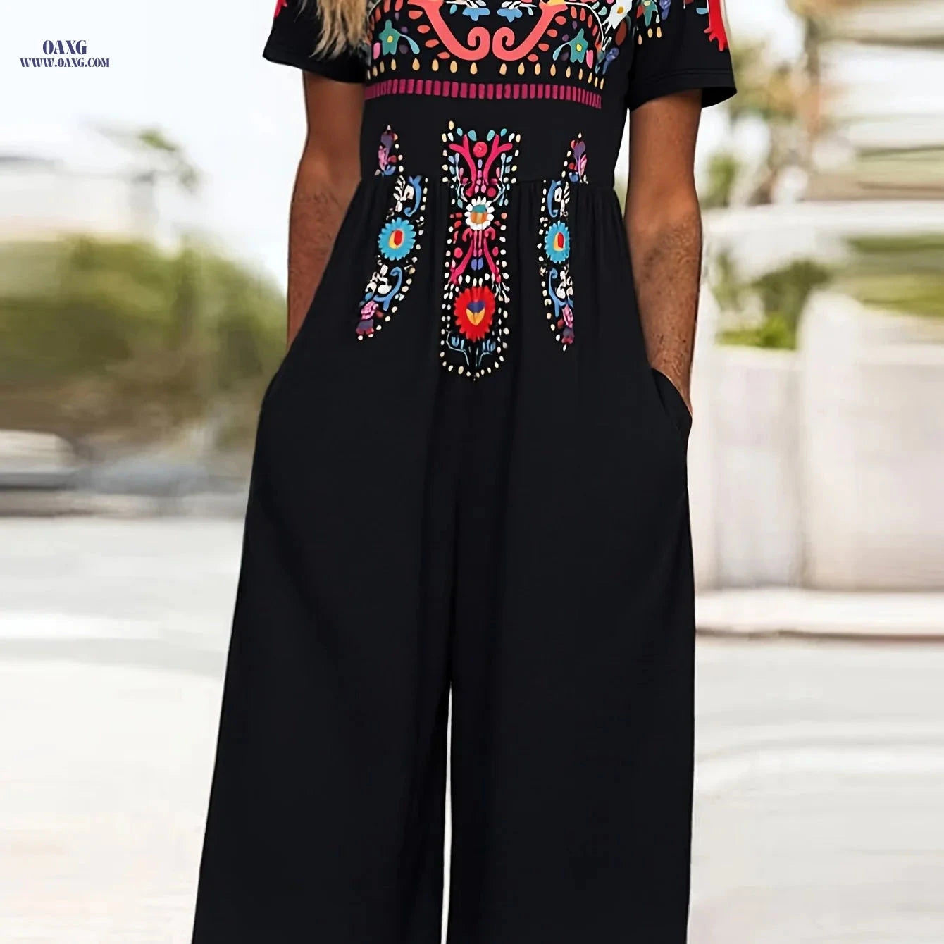 Vibrant Tribal Print Jumpsuit - Women's Casual V-Neck, Short Sleeve   OAXG Black / S
