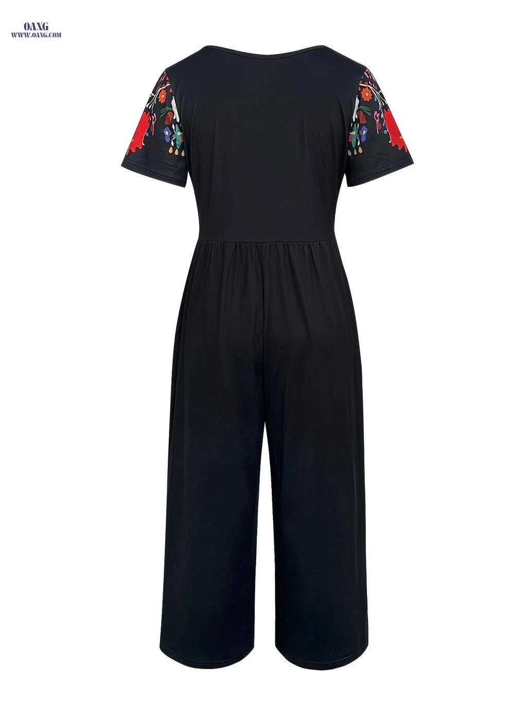 Vibrant Tribal Print Jumpsuit - Women's Casual V-Neck, Short Sleeve   OAXG Black / S