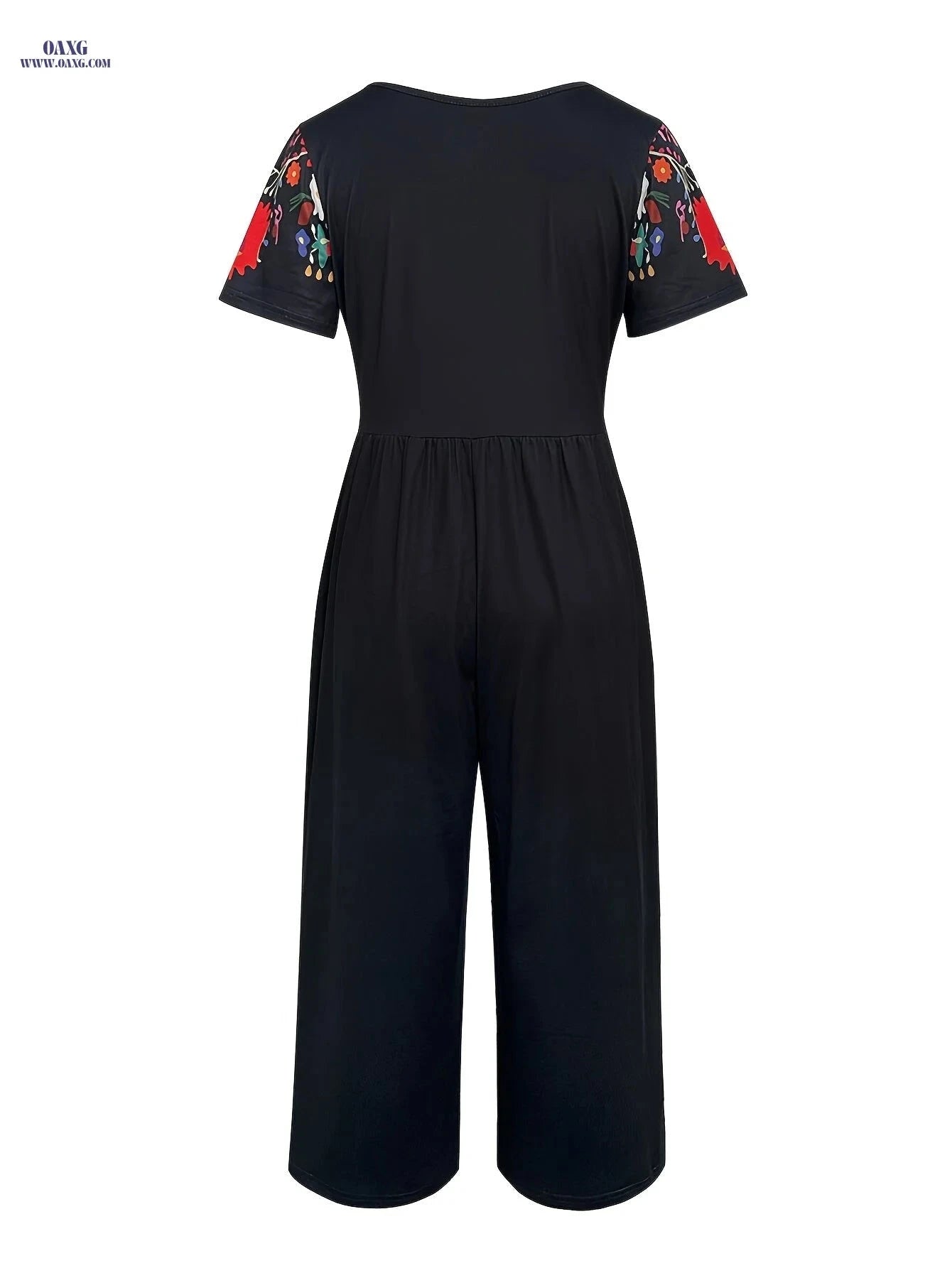 Vibrant Tribal Print Jumpsuit - Women's Casual V-Neck, Short Sleeve   OAXG Black / S