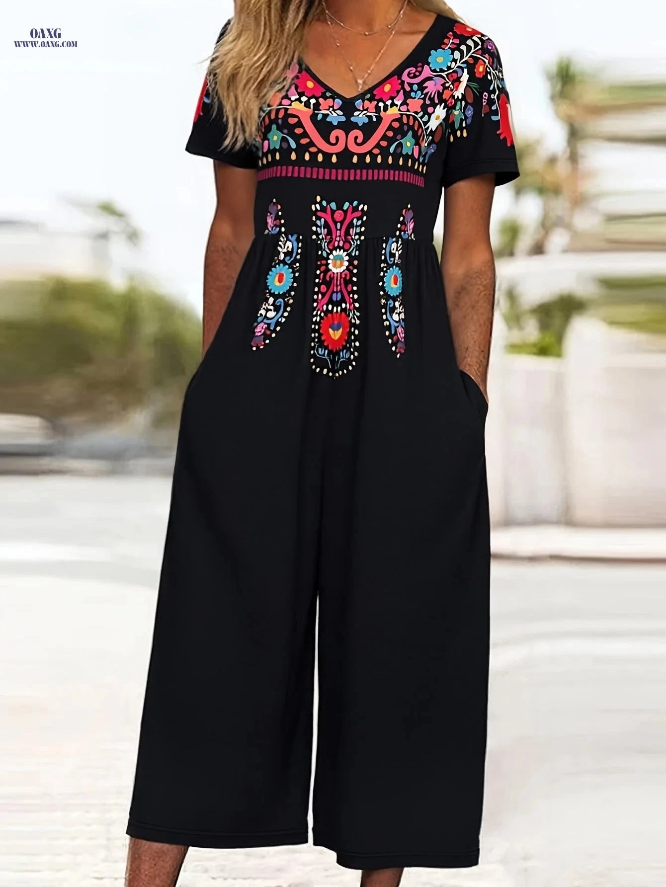 Vibrant Tribal Print Jumpsuit - Women's Casual V-Neck, Short Sleeve   OAXG Black / S
