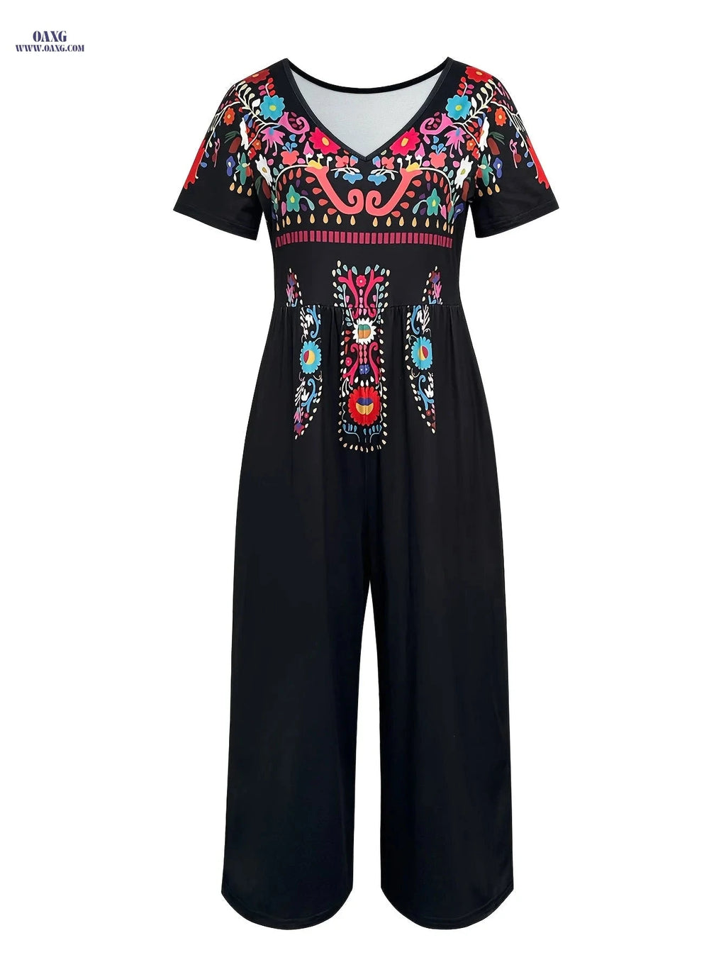 Vibrant Tribal Print Jumpsuit - Women's Casual V-Neck, Short Sleeve   OAXG Black / S