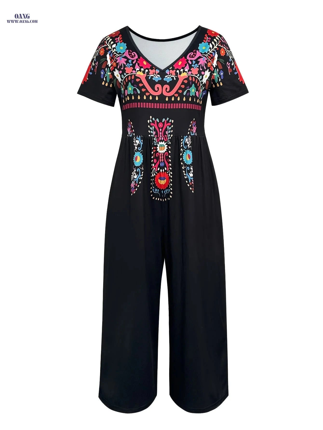 Vibrant Tribal Print Jumpsuit - Women's Casual V-Neck, Short Sleeve   OAXG Black / S