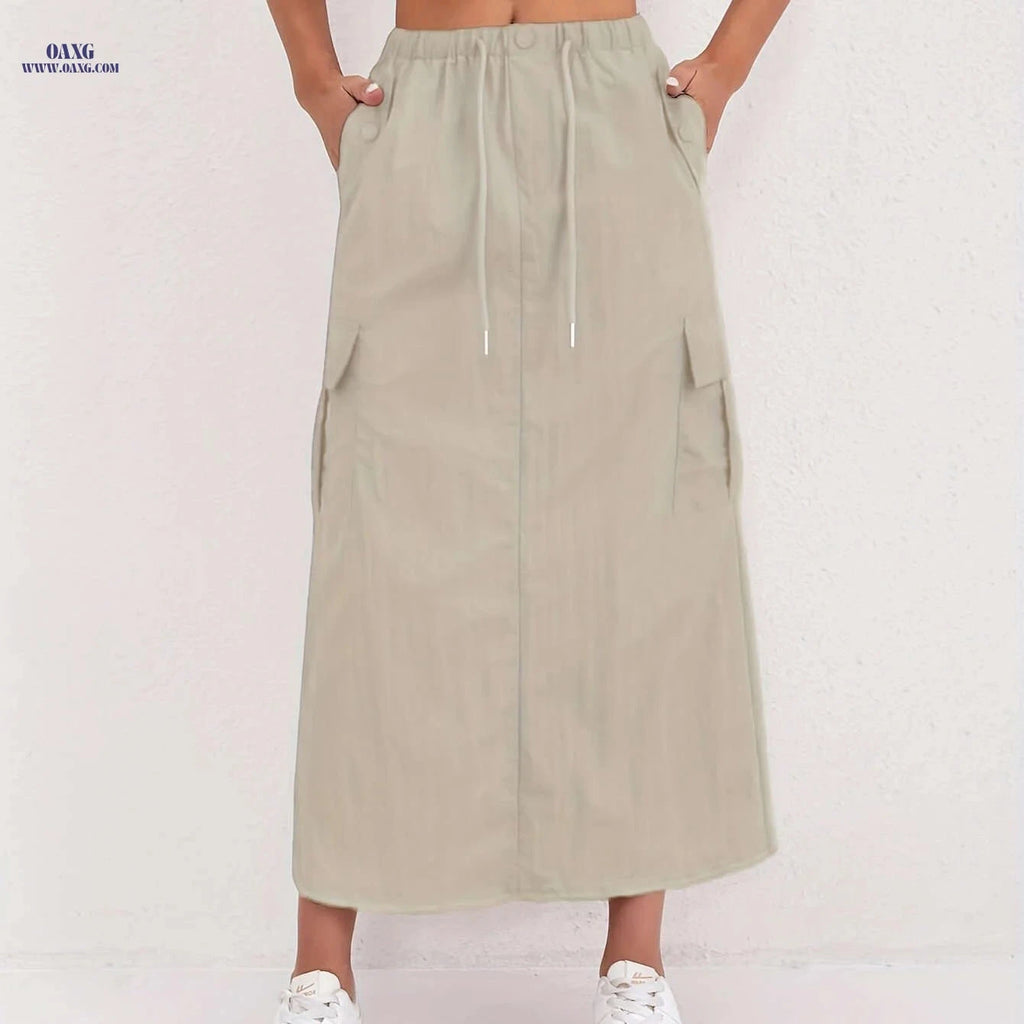 Vintage A-Line Work Skirt for Women - High Waist, Multiple Pockets   OAXG Khaki / S