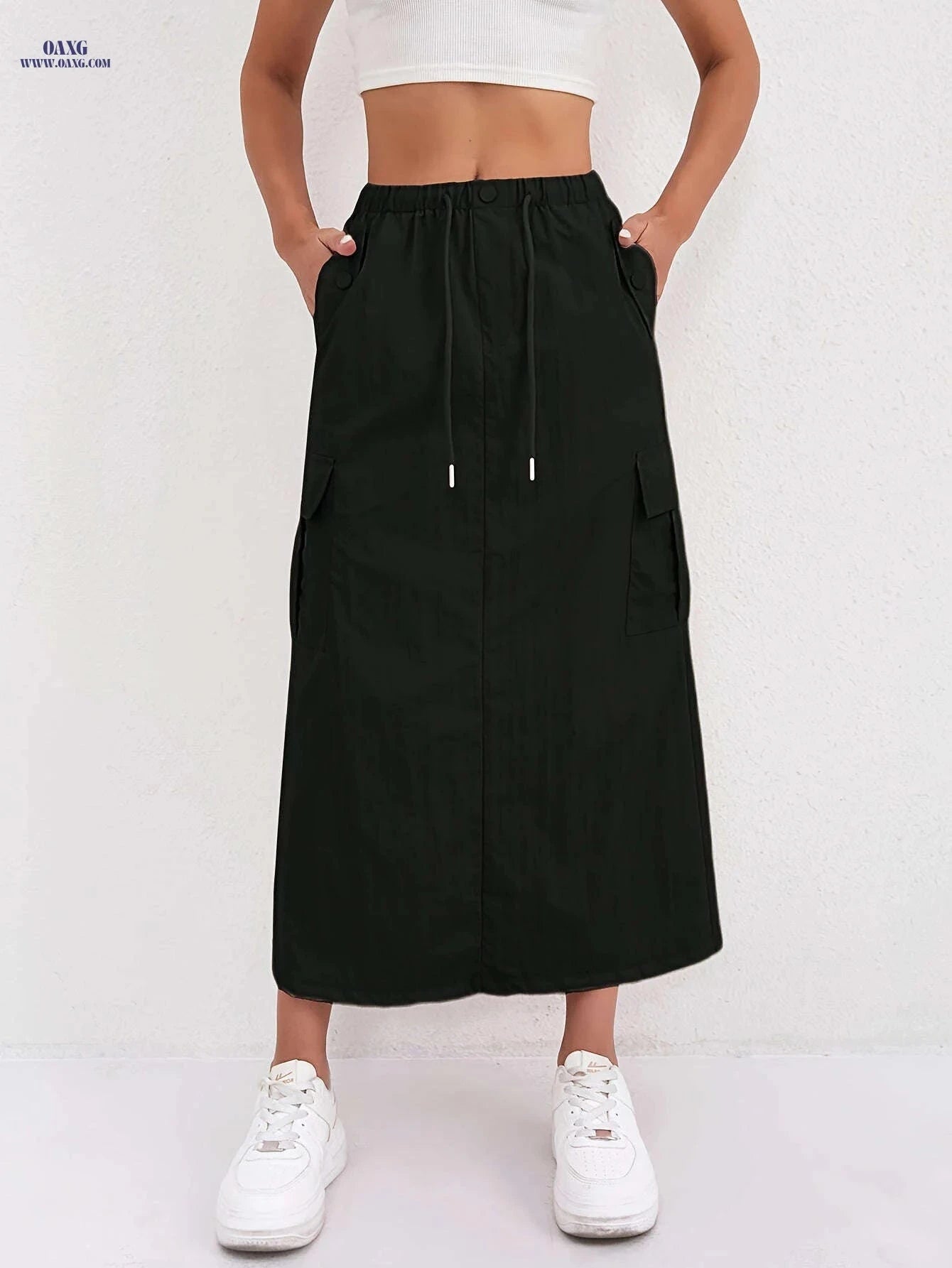 Vintage A-Line Work Skirt for Women - High Waist, Multiple Pockets   OAXG 