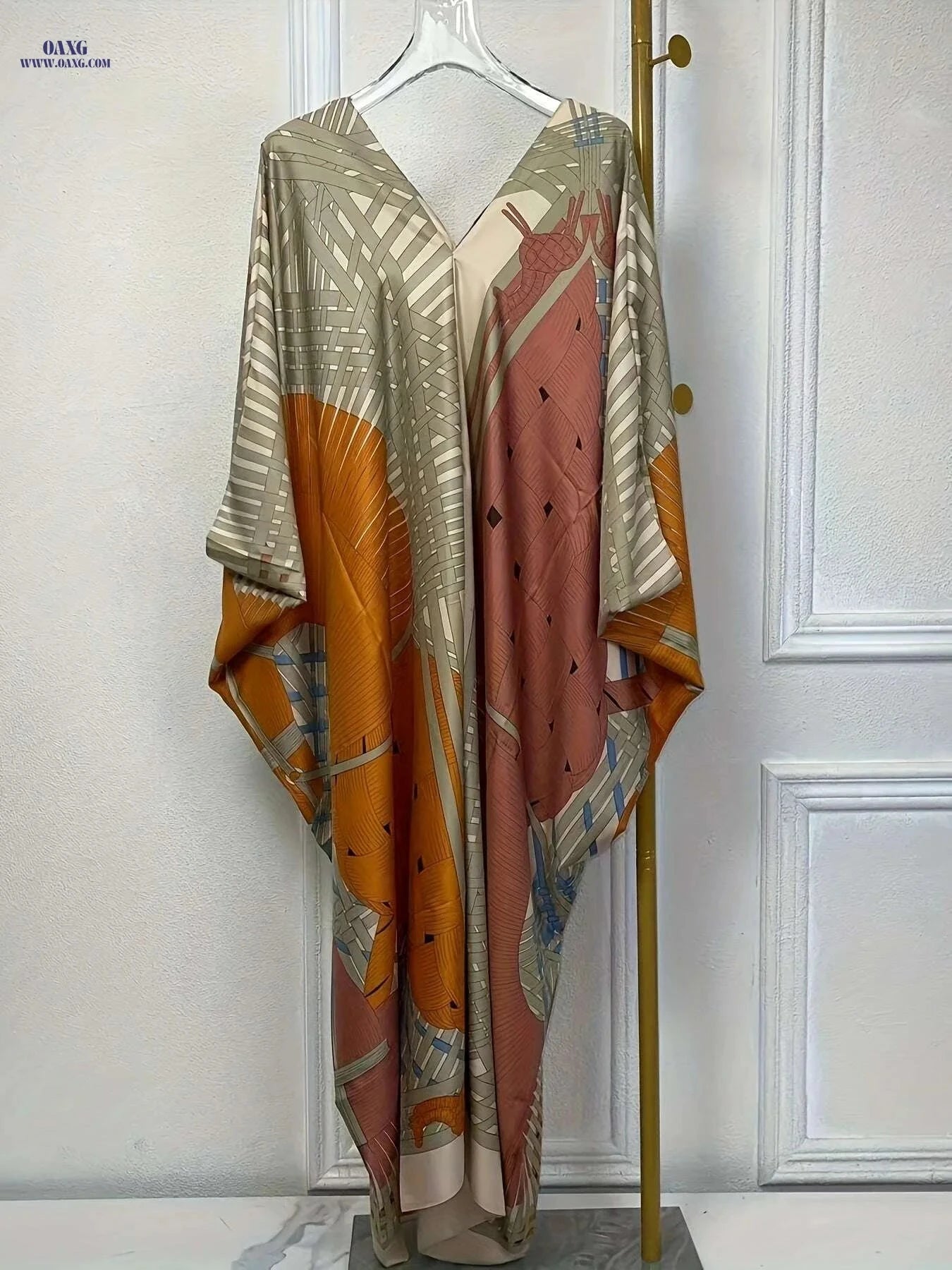 Vintage Abstract V-neck Kaftan Dress - Loose Maxi Cover Up   OAXG 
