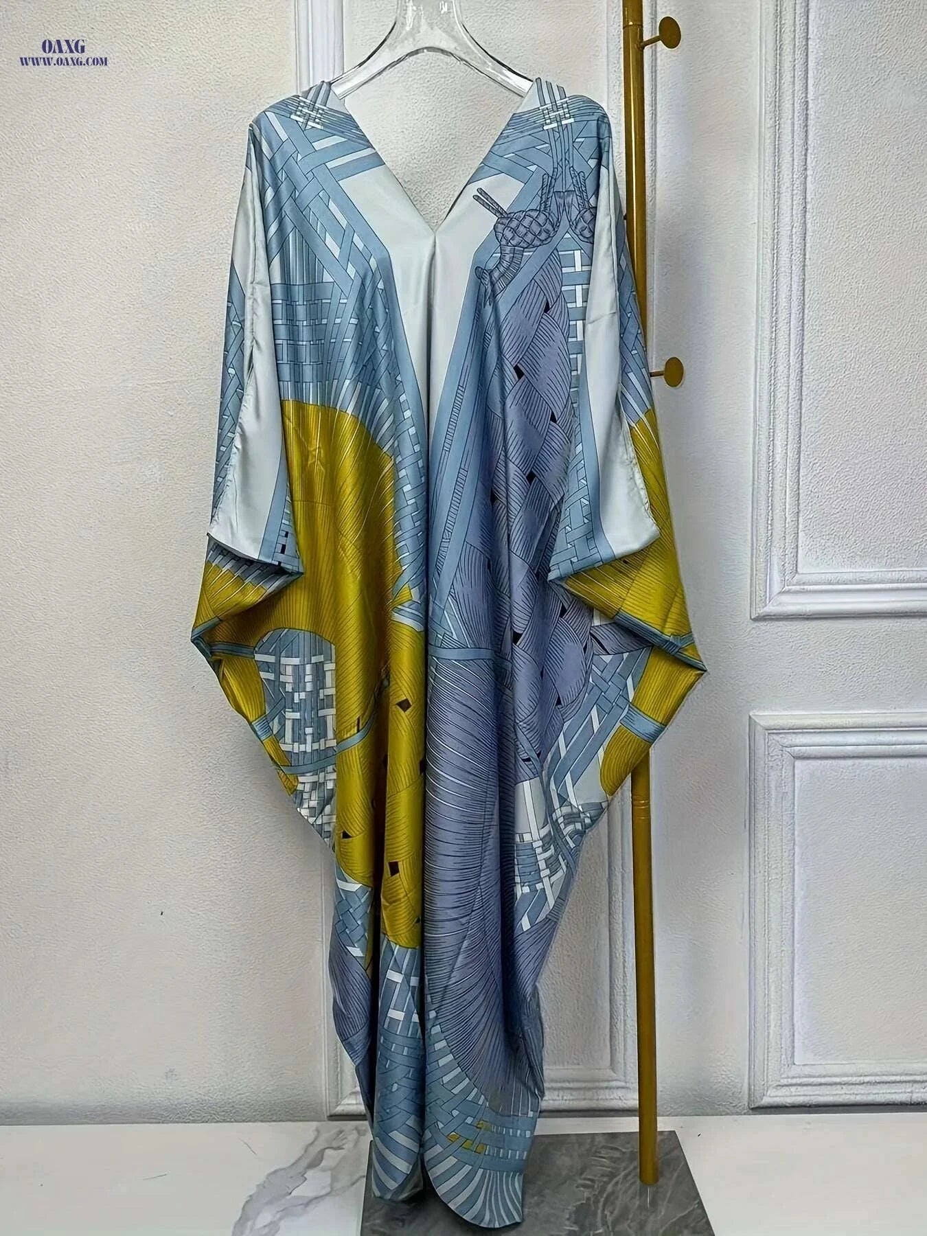 Vintage Abstract V-neck Kaftan Dress - Loose Maxi Cover Up   OAXG 
