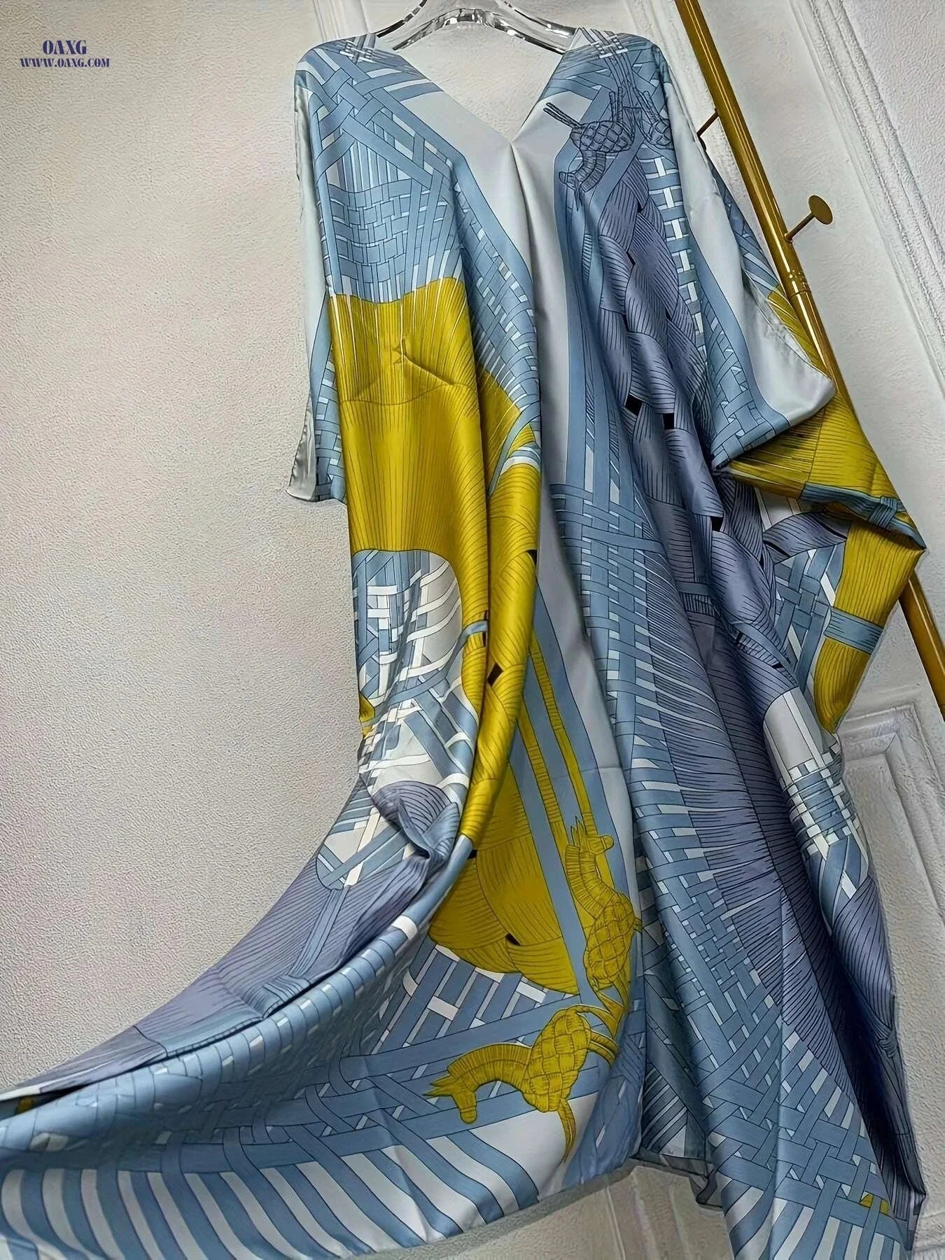 Vintage Abstract V-neck Kaftan Dress - Loose Maxi Cover Up   OAXG 