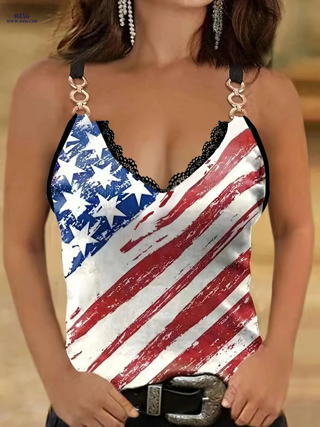 Vintage American Flag Tank Top - Women's Sleeveless Casual Lace Trim   OAXG 