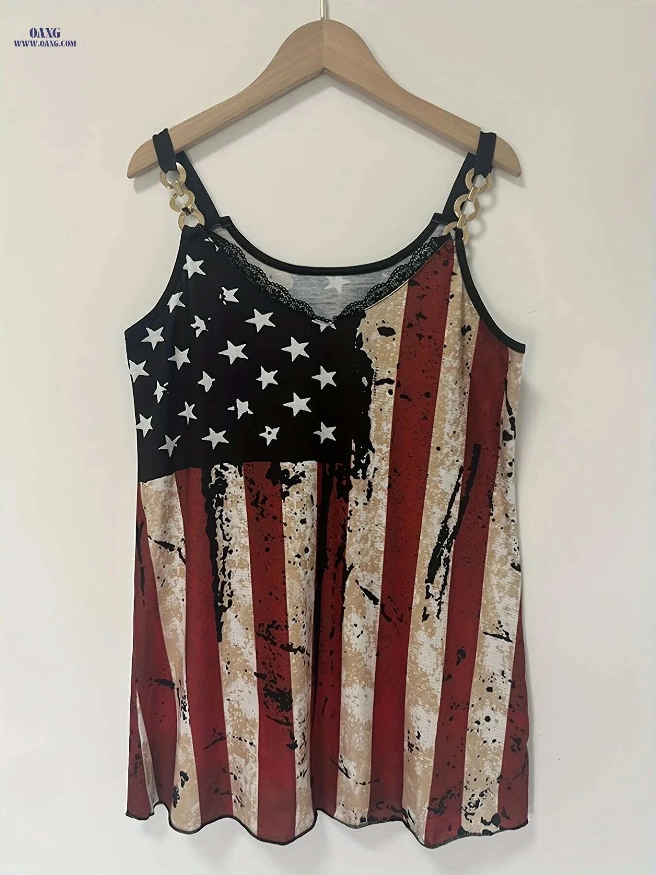 Vintage American Flag Tank Top - Women's Sleeveless Casual Lace Trim   OAXG Black / S
