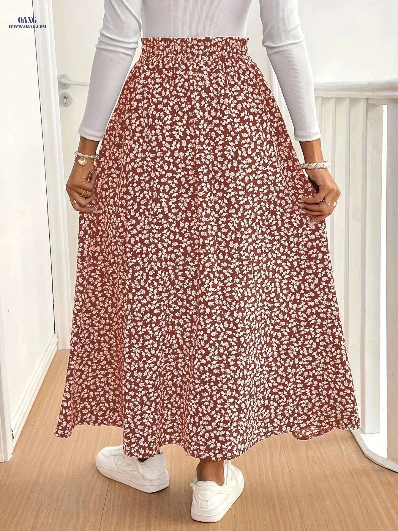 Vintage Black Floral Skirt with Slit - 100% Polyester, Machine Washable   OAXG 