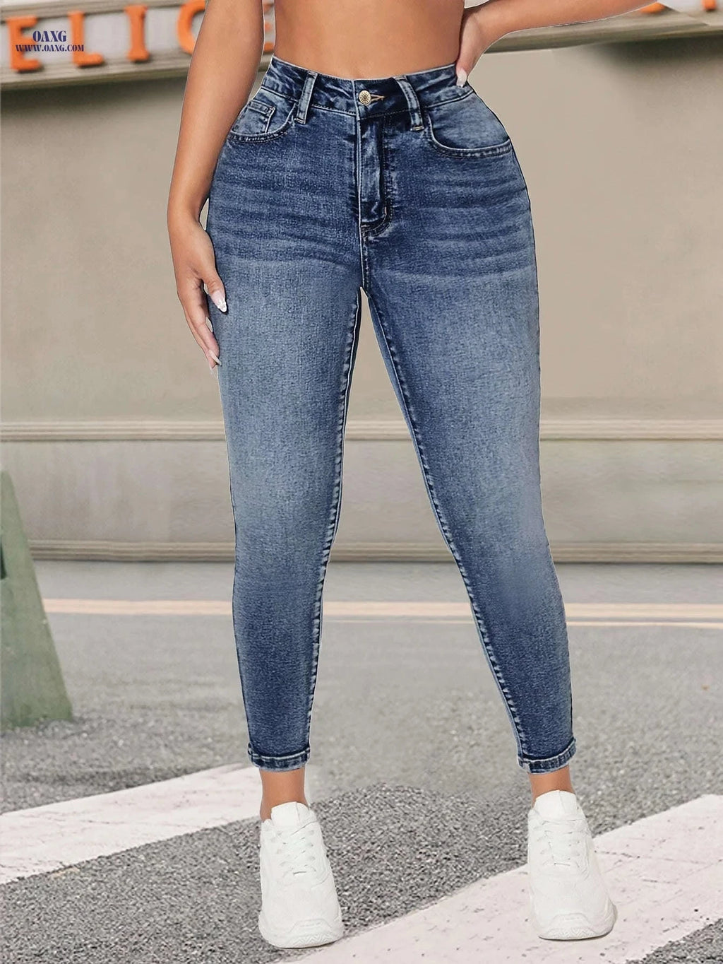 Vintage Blue Stretch Skinny Pants - Elegant All-Season Denim Fit   OAXG Sky Blue / XS
