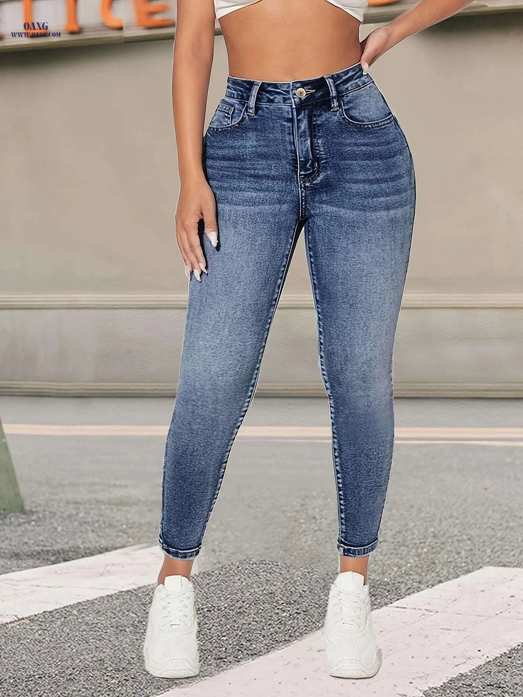 Vintage Blue Stretch Skinny Pants - Elegant All-Season Denim Fit   OAXG Sky Blue / XS