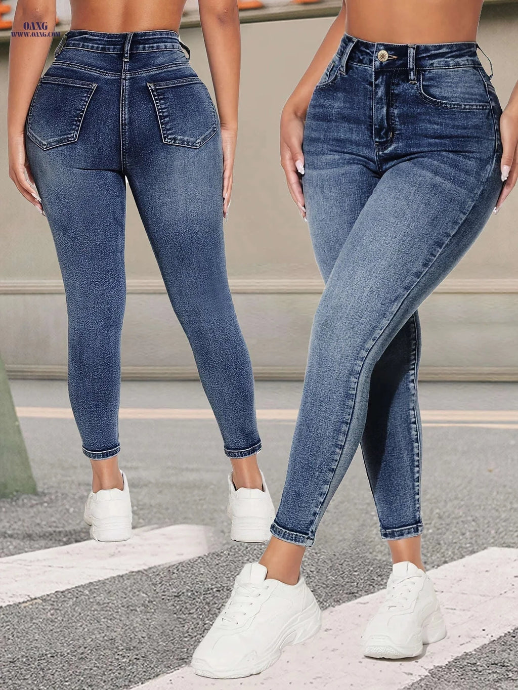 Vintage Blue Stretch Skinny Pants - Elegant All-Season Denim Fit   OAXG Sky Blue / XS