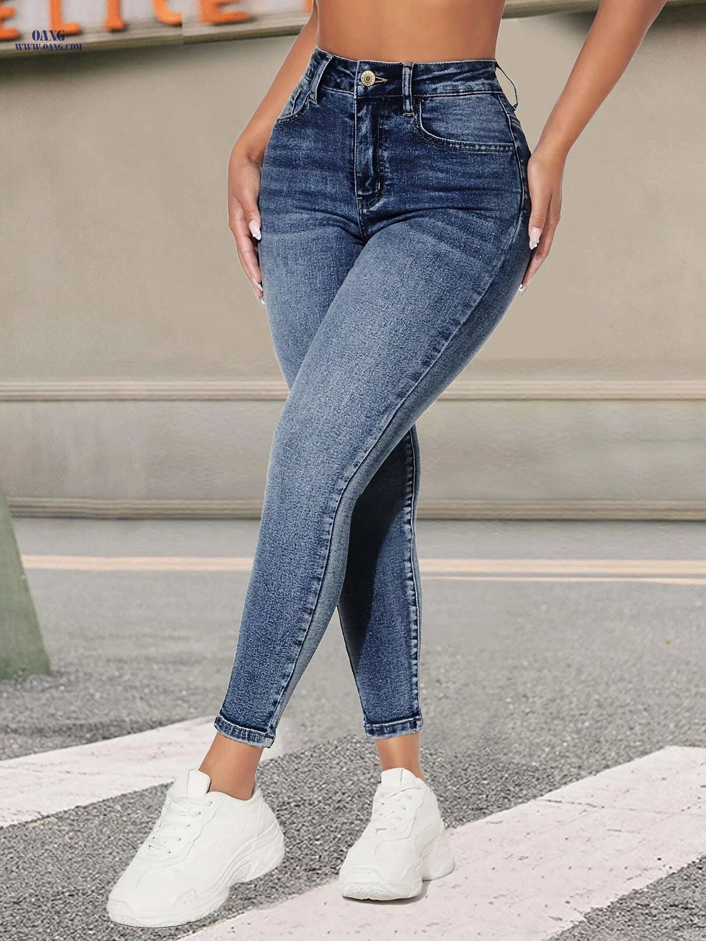 Vintage Blue Stretch Skinny Pants - Elegant All-Season Denim Fit   OAXG Sky Blue / XS