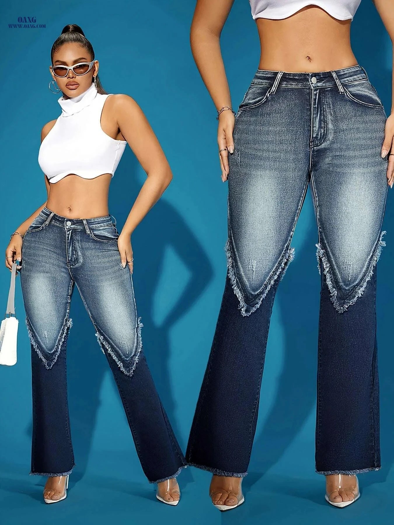 Vintage Fashion Flare Pants for Women - Versatile Washed Denim   OAXG Medium Blue / S