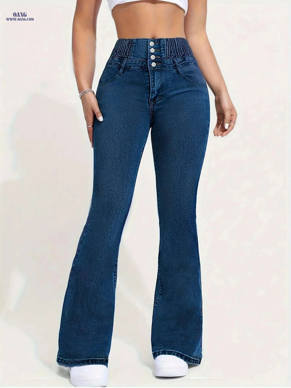 Vintage Flare Jeans for Women - High Waist, Shirred Detail, Blue Denim   OAXG Medium Blue / S