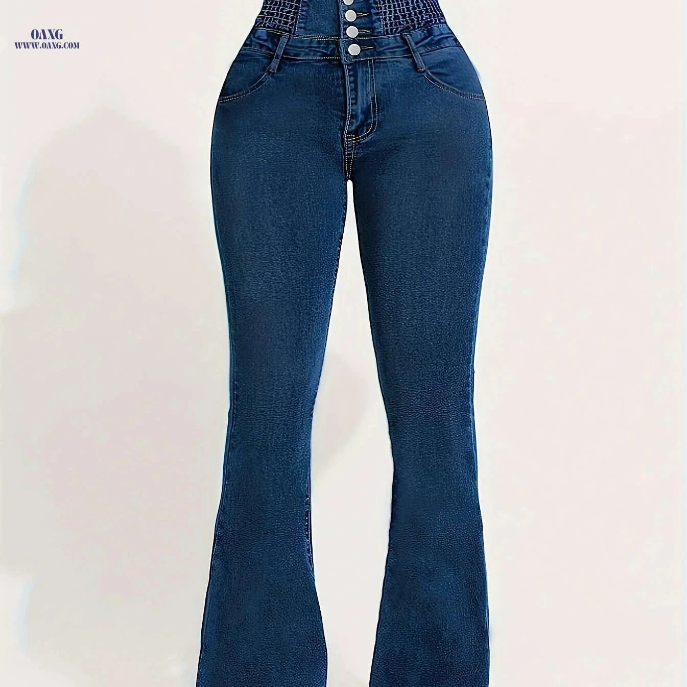 Vintage Flare Jeans for Women - High Waist, Shirred Detail, Blue Denim   OAXG Medium Blue / S