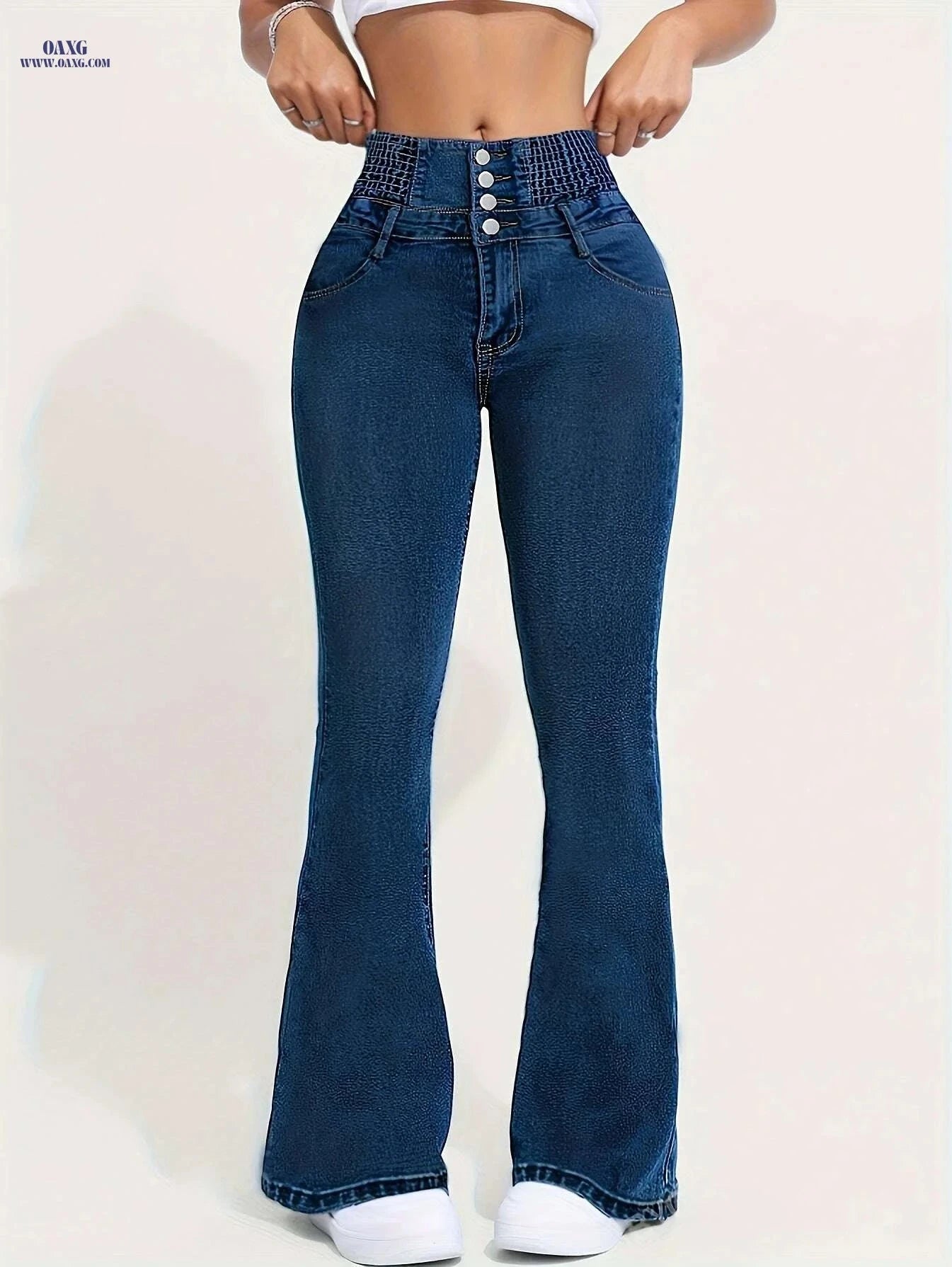 Vintage Flare Jeans for Women - High Waist, Shirred Detail, Blue Denim   OAXG Medium Blue / S