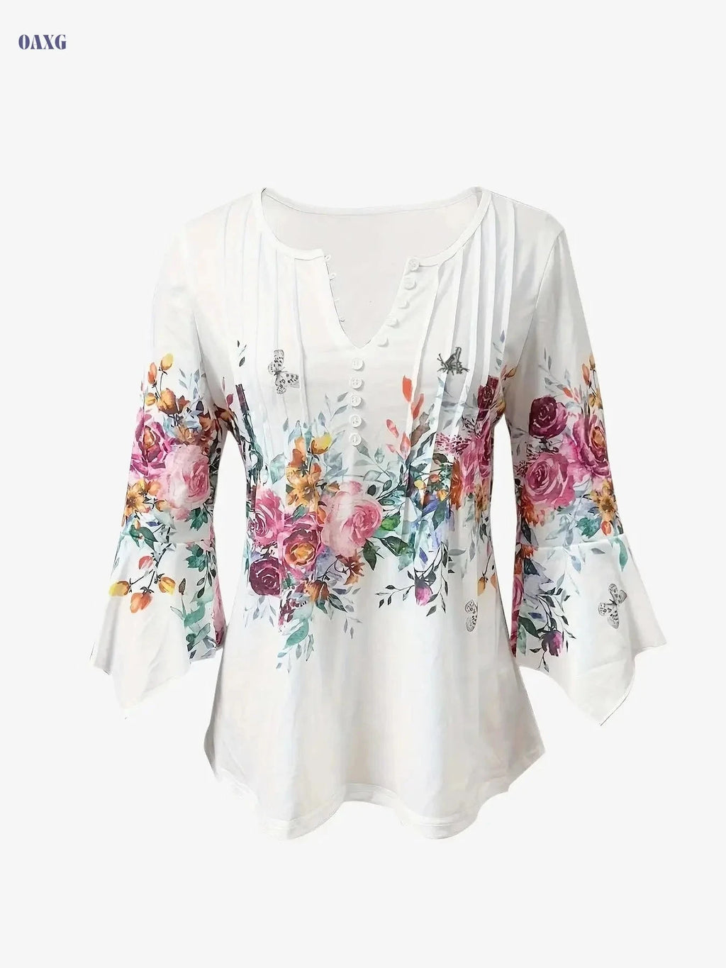 Vintage Floral Print Notched Neck Blouse - Perfect for Spring & Summer   OAXG White / S