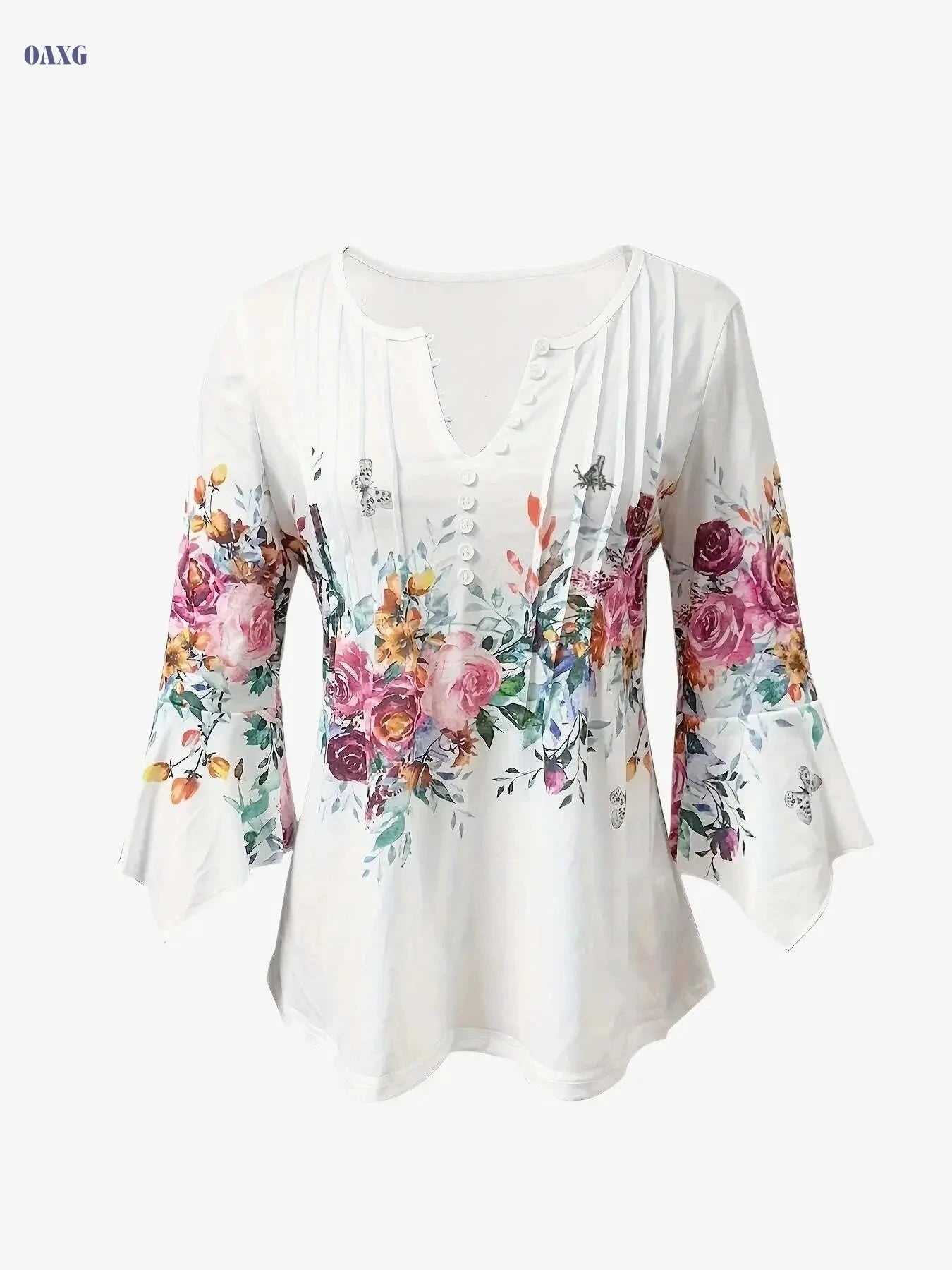 Vintage Floral Print Notched Neck Blouse - Perfect for Spring & Summer   OAXG White / S