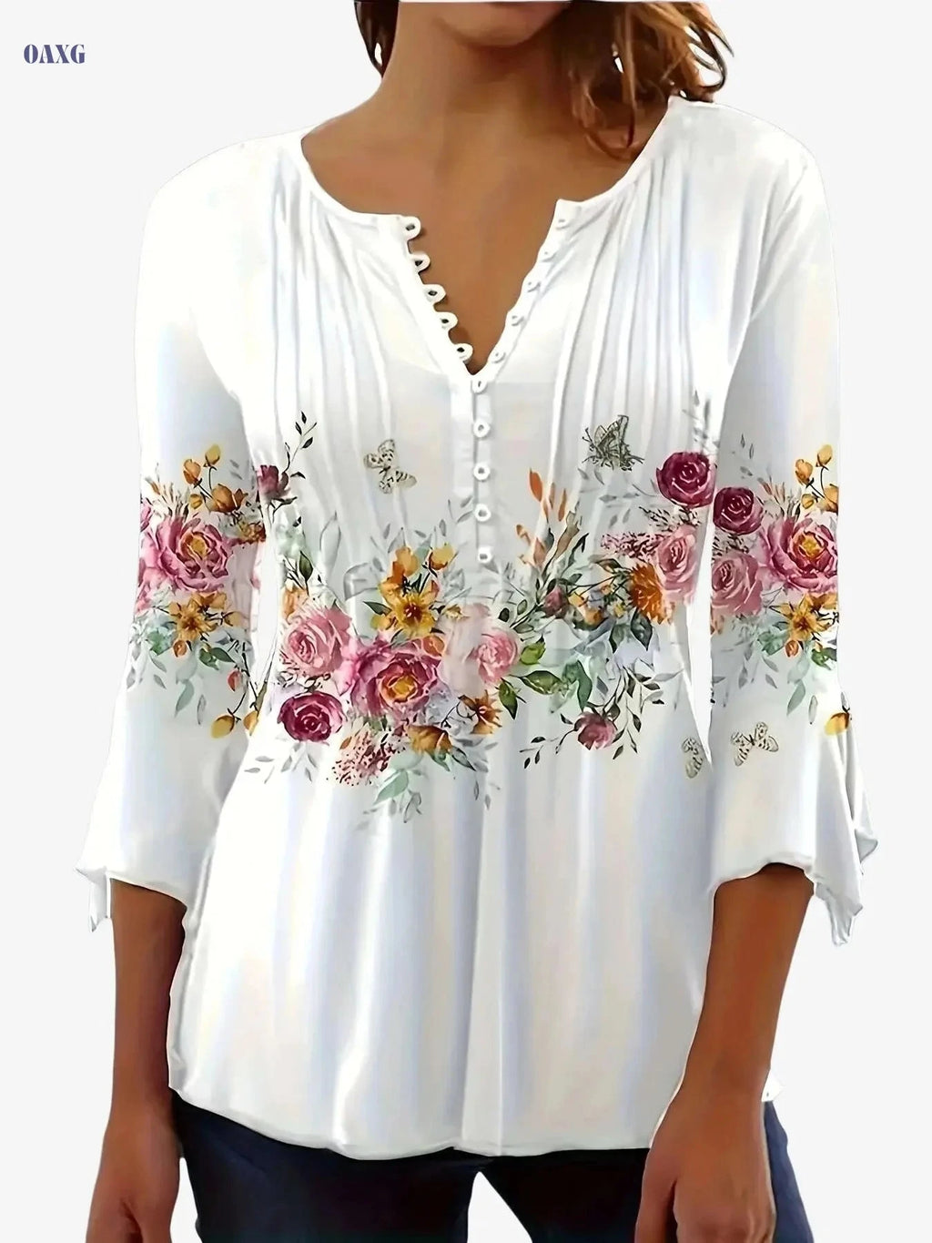Vintage Floral Print Notched Neck Blouse - Perfect for Spring & Summer   OAXG White / S