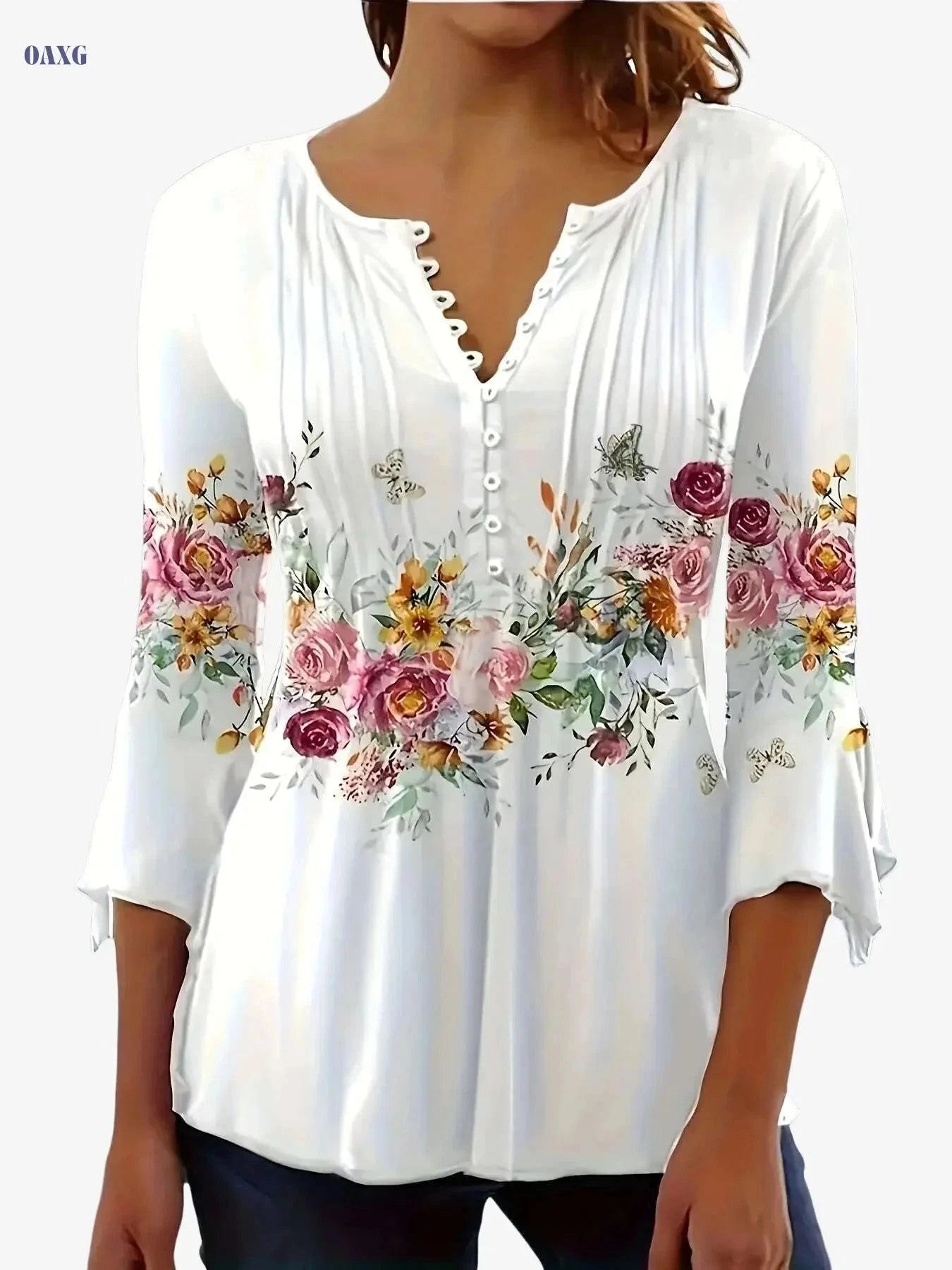 Vintage Floral Print Notched Neck Blouse - Perfect for Spring & Summer   OAXG White / S