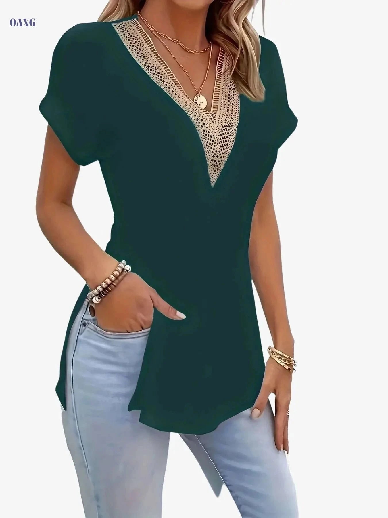 Vintage Guipure Lace V-Neck T-Shirt - Elegant Short Sleeve Top for Summer   OAXG Grey / S