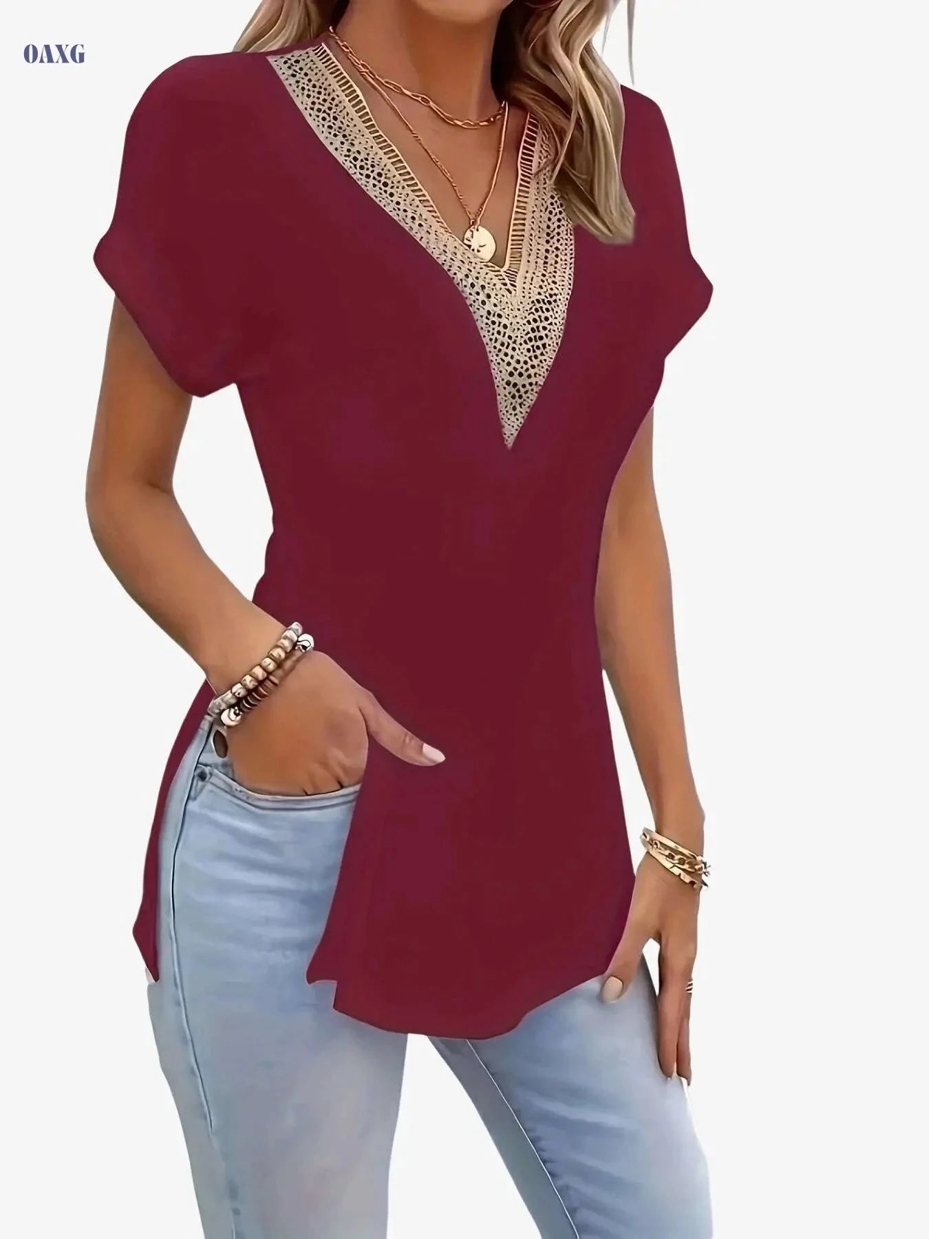 Vintage Guipure Lace V-Neck T-Shirt - Elegant Short Sleeve Top for Summer   OAXG Grey / S