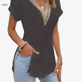 Vintage Guipure Lace V-Neck T-Shirt - Elegant Short Sleeve Top for Summer   OAXG Grey / S