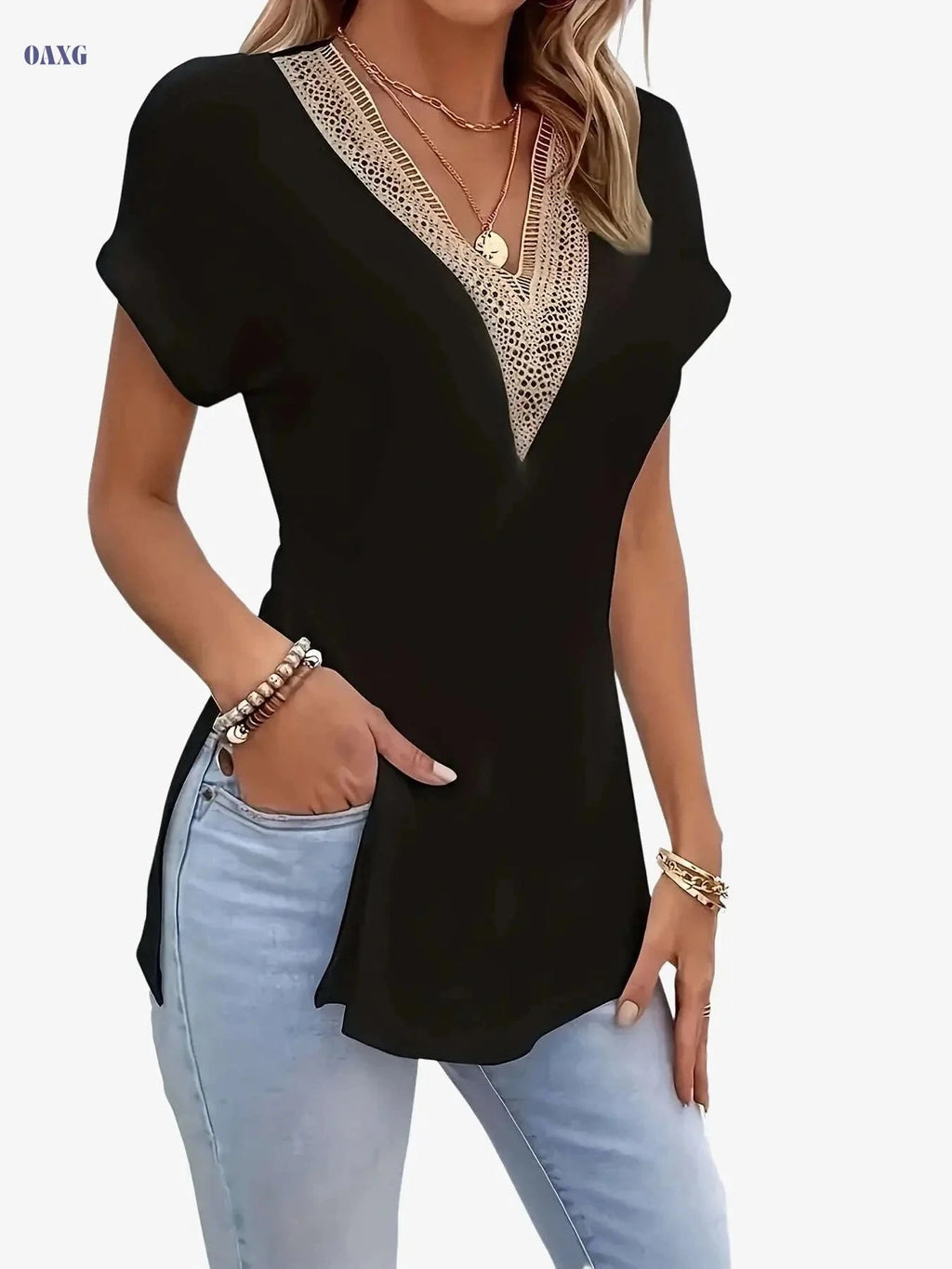 Vintage Guipure Lace V-Neck T-Shirt - Elegant Short Sleeve Top for Summer   OAXG Grey / S