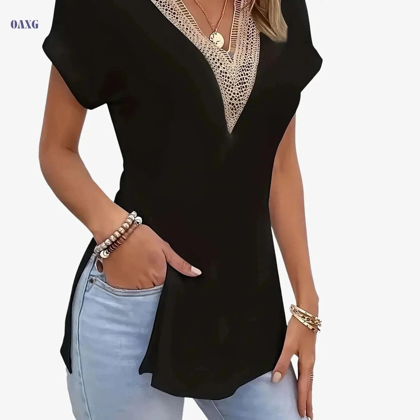 Vintage Guipure Lace V-Neck T-Shirt - Elegant Short Sleeve Top for Summer   OAXG Grey / S