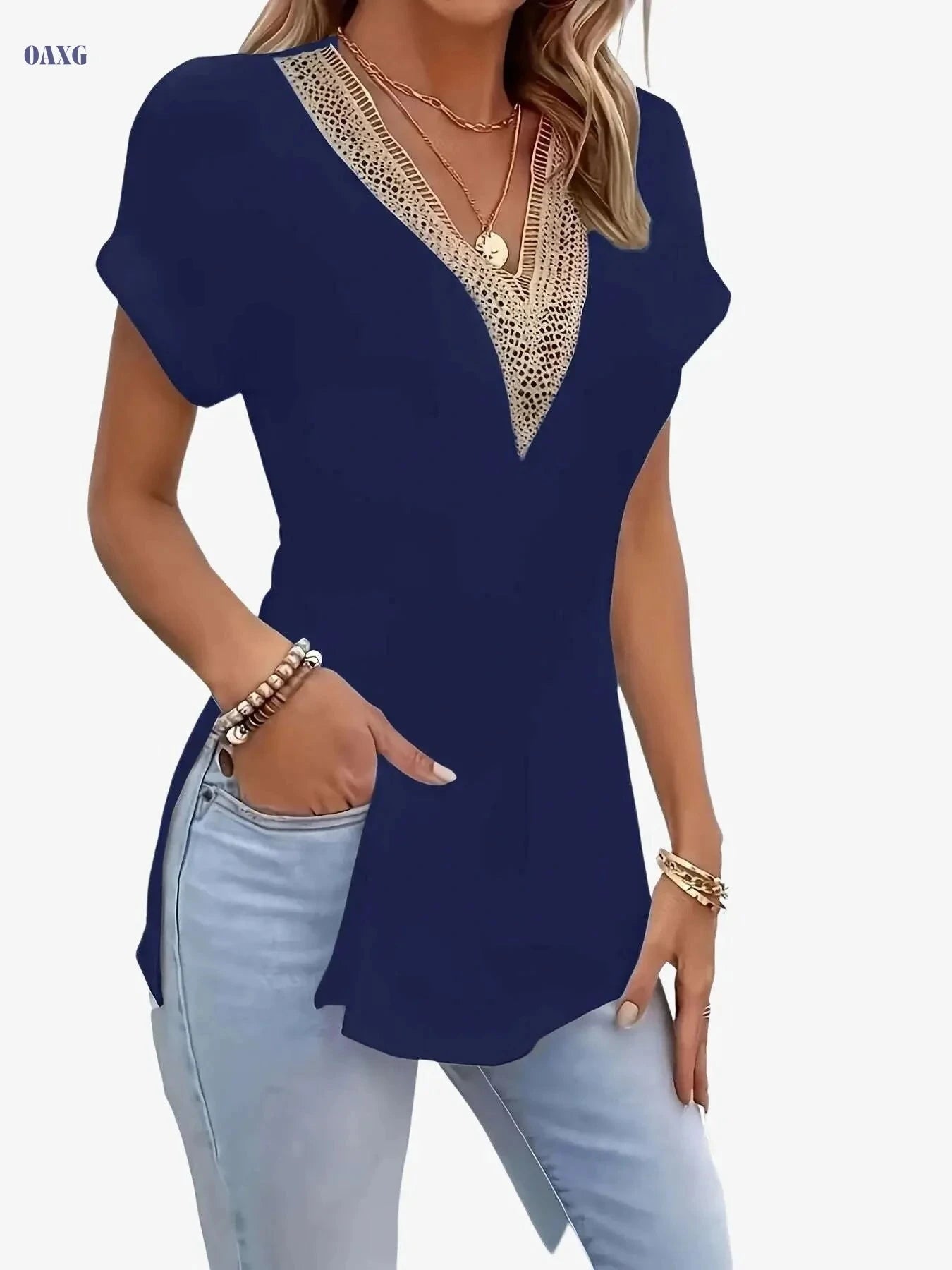 Vintage Guipure Lace V-Neck T-Shirt - Elegant Short Sleeve Top for Summer   OAXG 