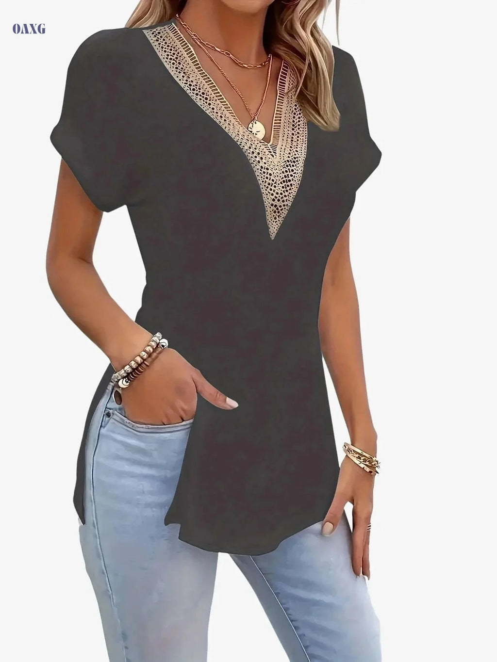 Vintage Guipure Lace V-Neck T-Shirt - Elegant Short Sleeve Top for Summer   OAXG 