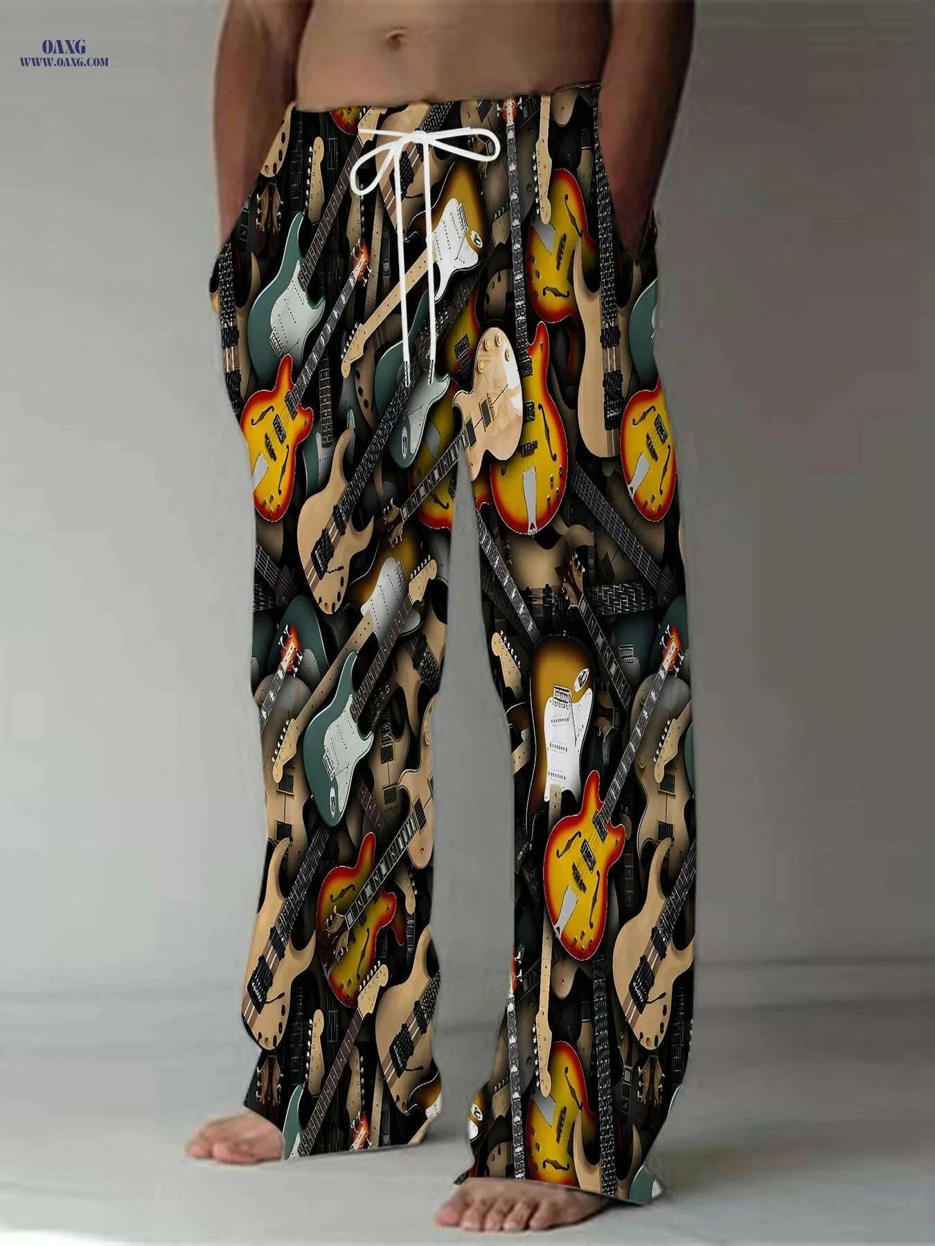 Vintage Guitar 3D Print Pants - Casual Loose Fit Straight Leg Style   OAXG 