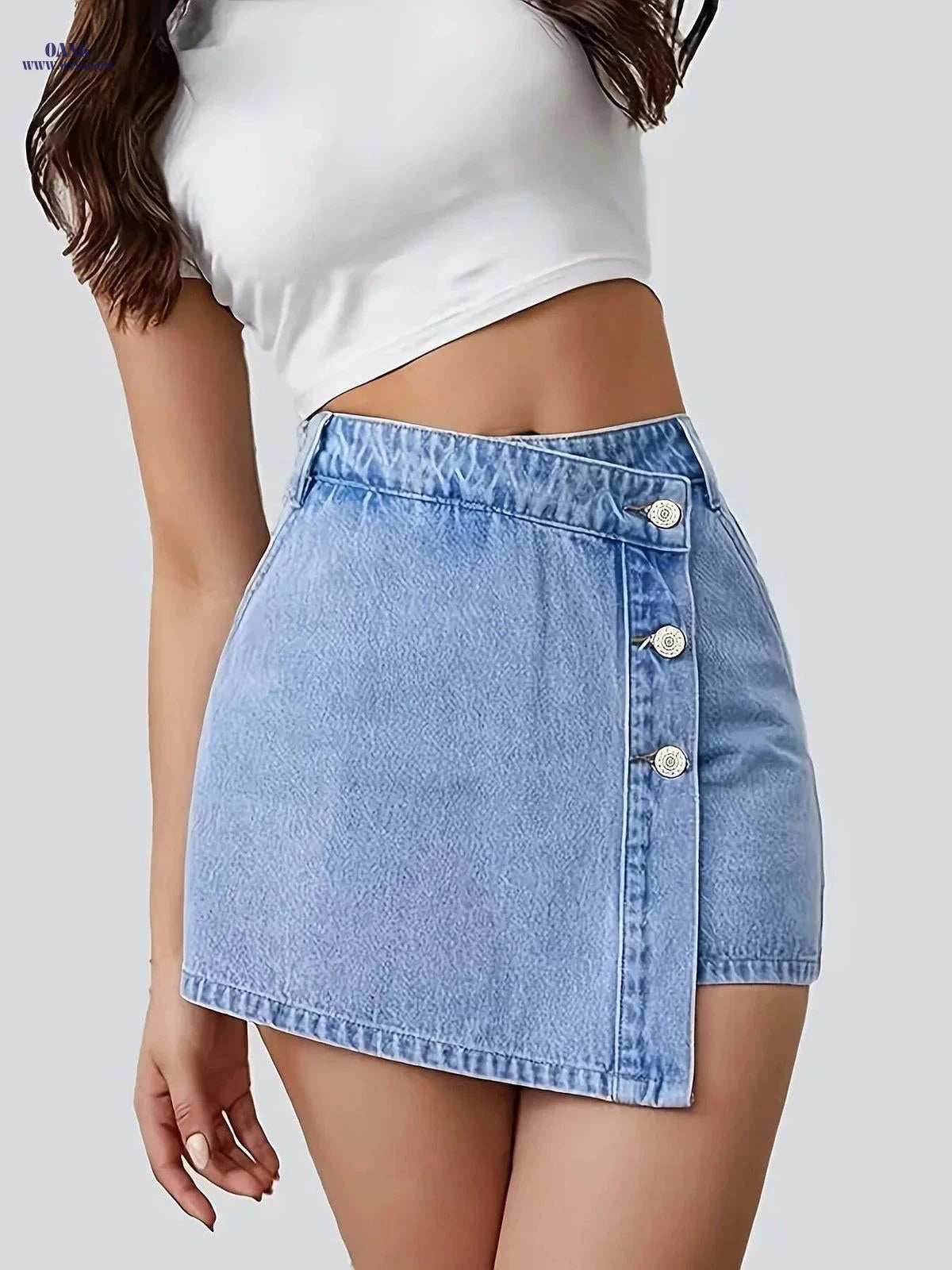 Vintage High-Waist Denim Skort - Women's Casual Button Front Style   OAXG 