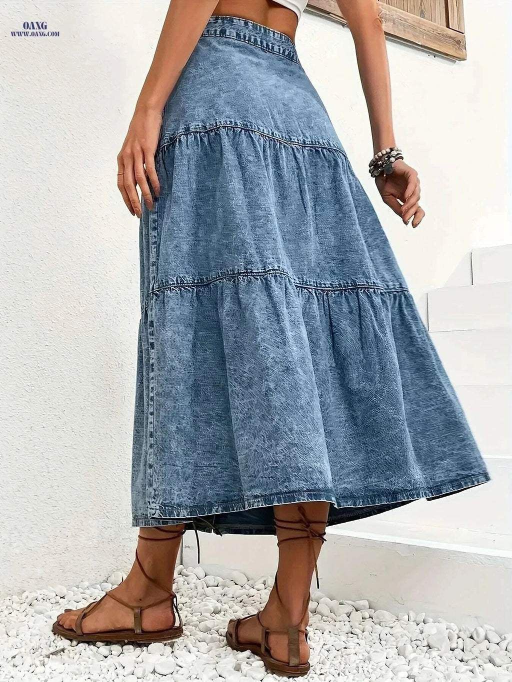 Vintage High-Waist Midi Denim Skirt - Pleated, Regular Fit Style   OAXG Bright Steel Blue / S