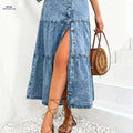 Vintage High-Waist Midi Denim Skirt - Pleated, Regular Fit Style   OAXG Bright Steel Blue / S