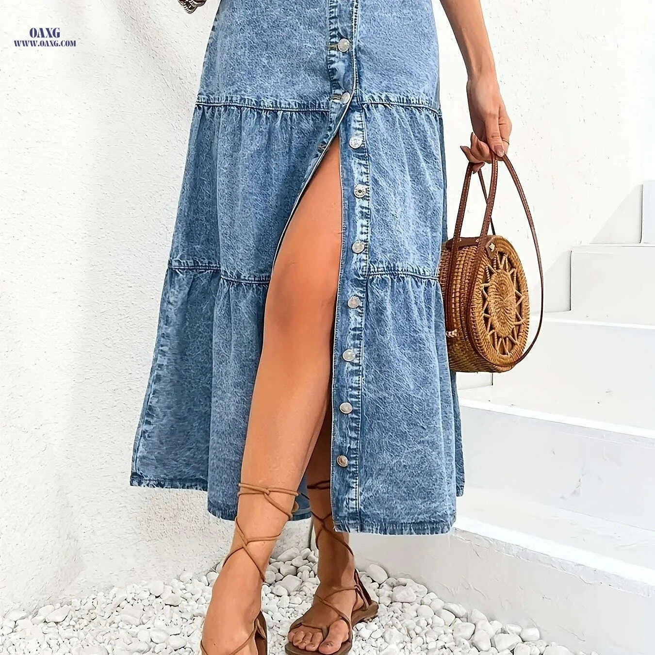 Vintage High-Waist Midi Denim Skirt - Pleated, Regular Fit Style   OAXG Bright Steel Blue / S